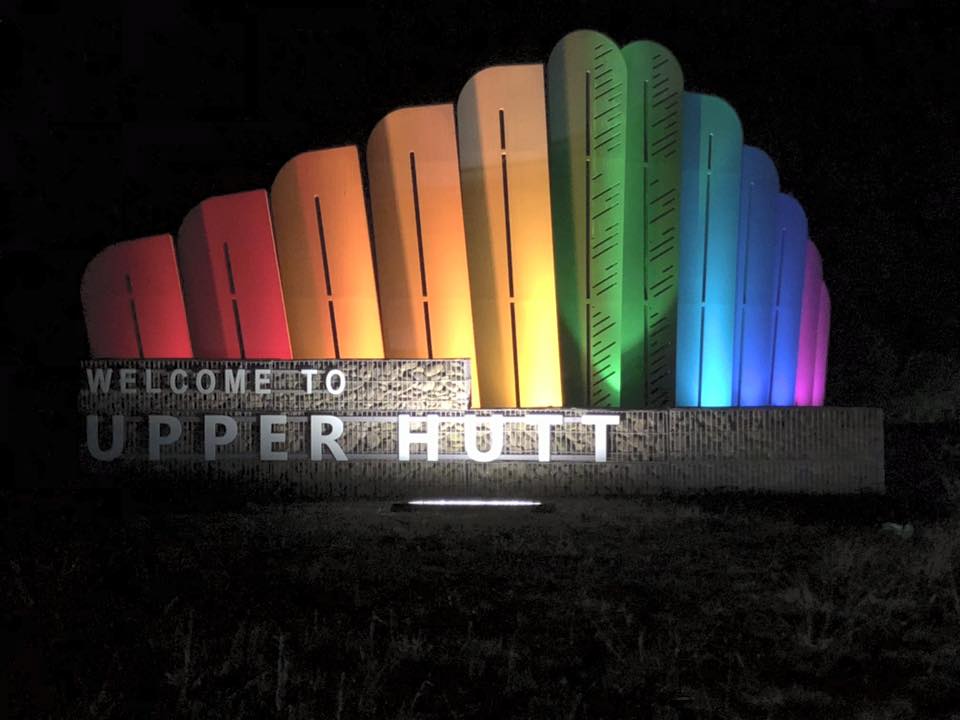 "Welcome to Upper Hutt" sign during Pride Month; March 2021