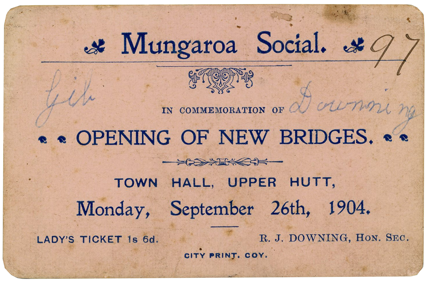 Ladies ticket for refreshments after the opening of Whiteman's Valley bridges, 26 September 1904