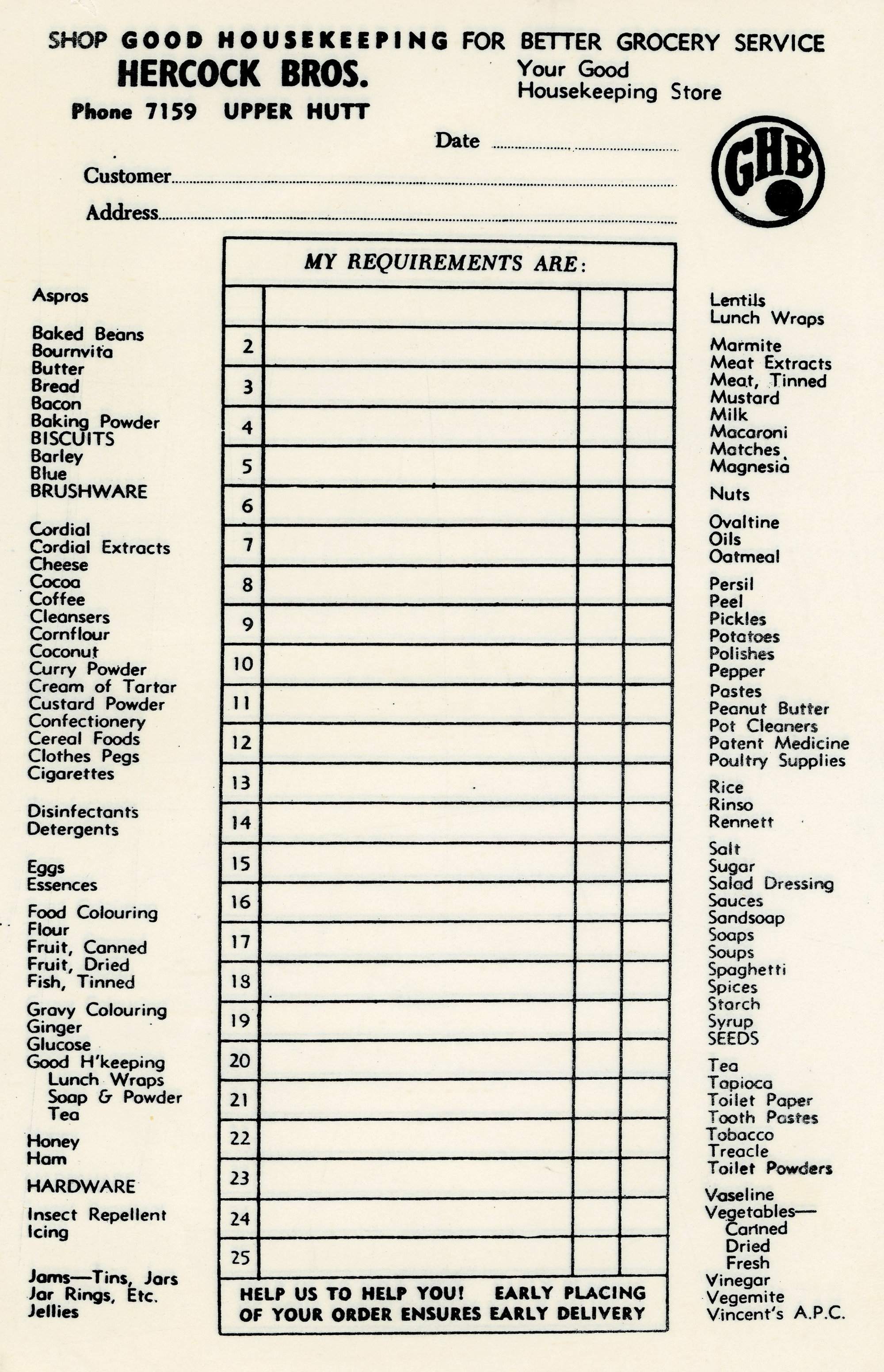 Hercock Bros Grocery Service Ordering List; ca 1960s