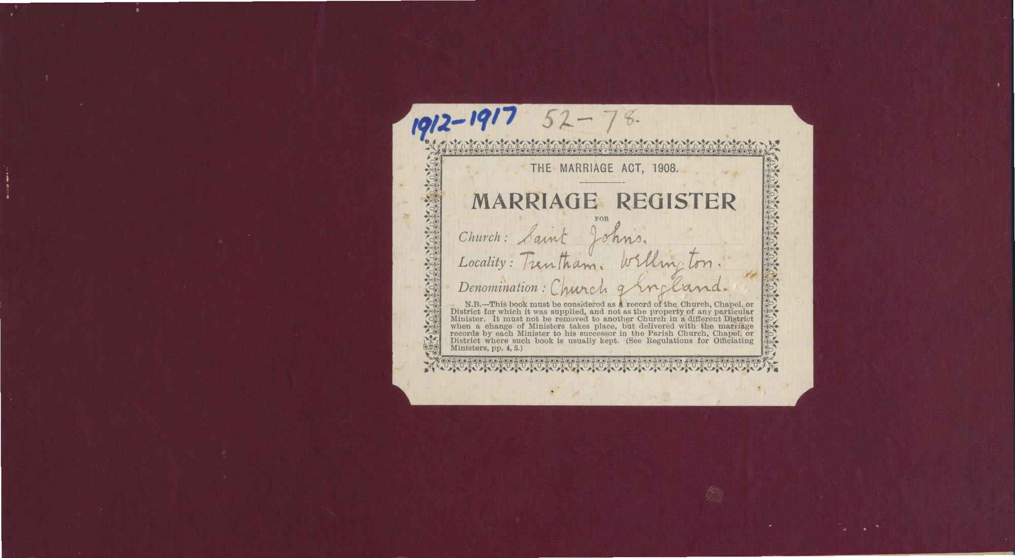 St Johns Marriage Register 1912 - 1917