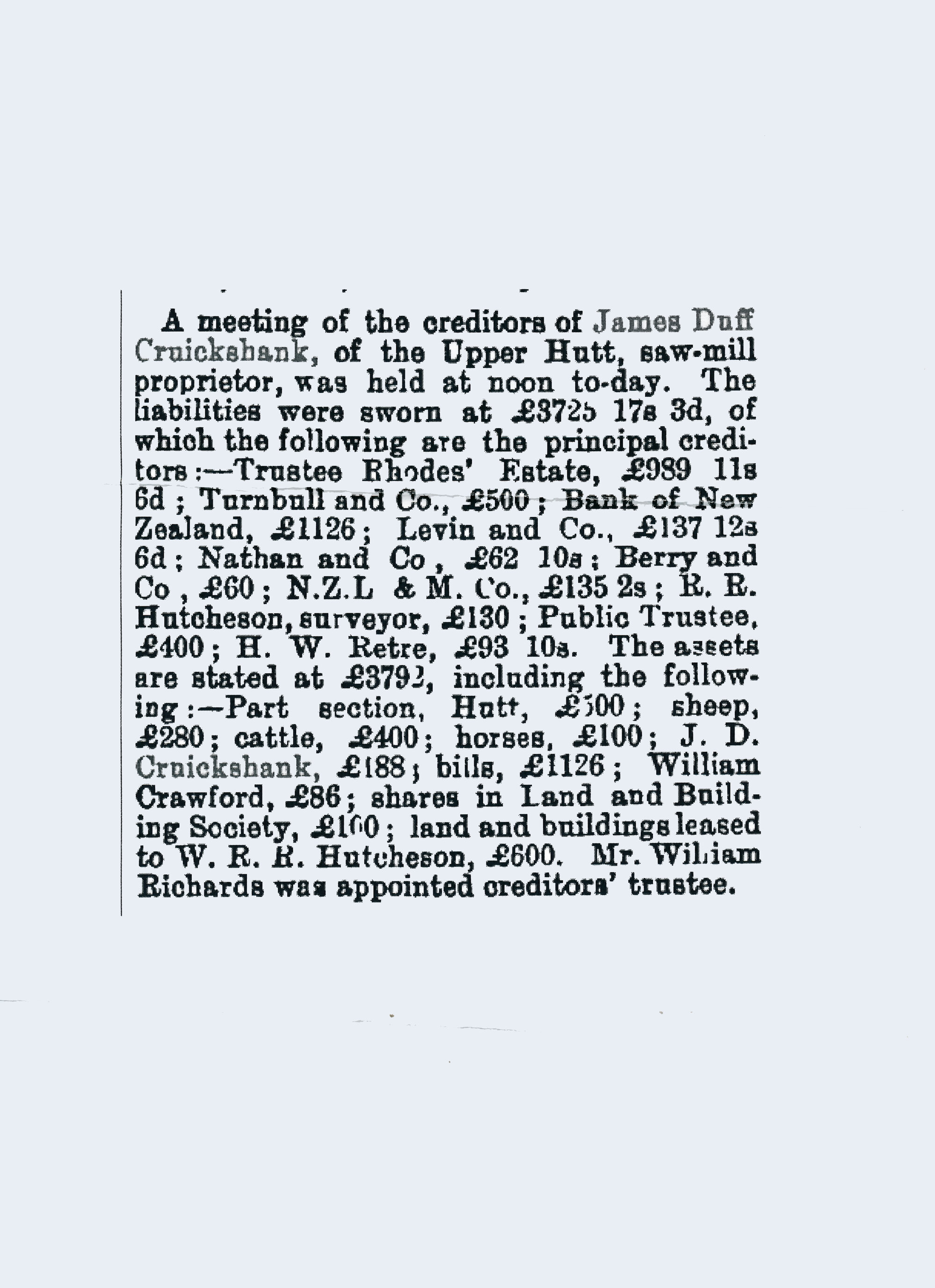 Newspaper article referencing James Cruickshank 