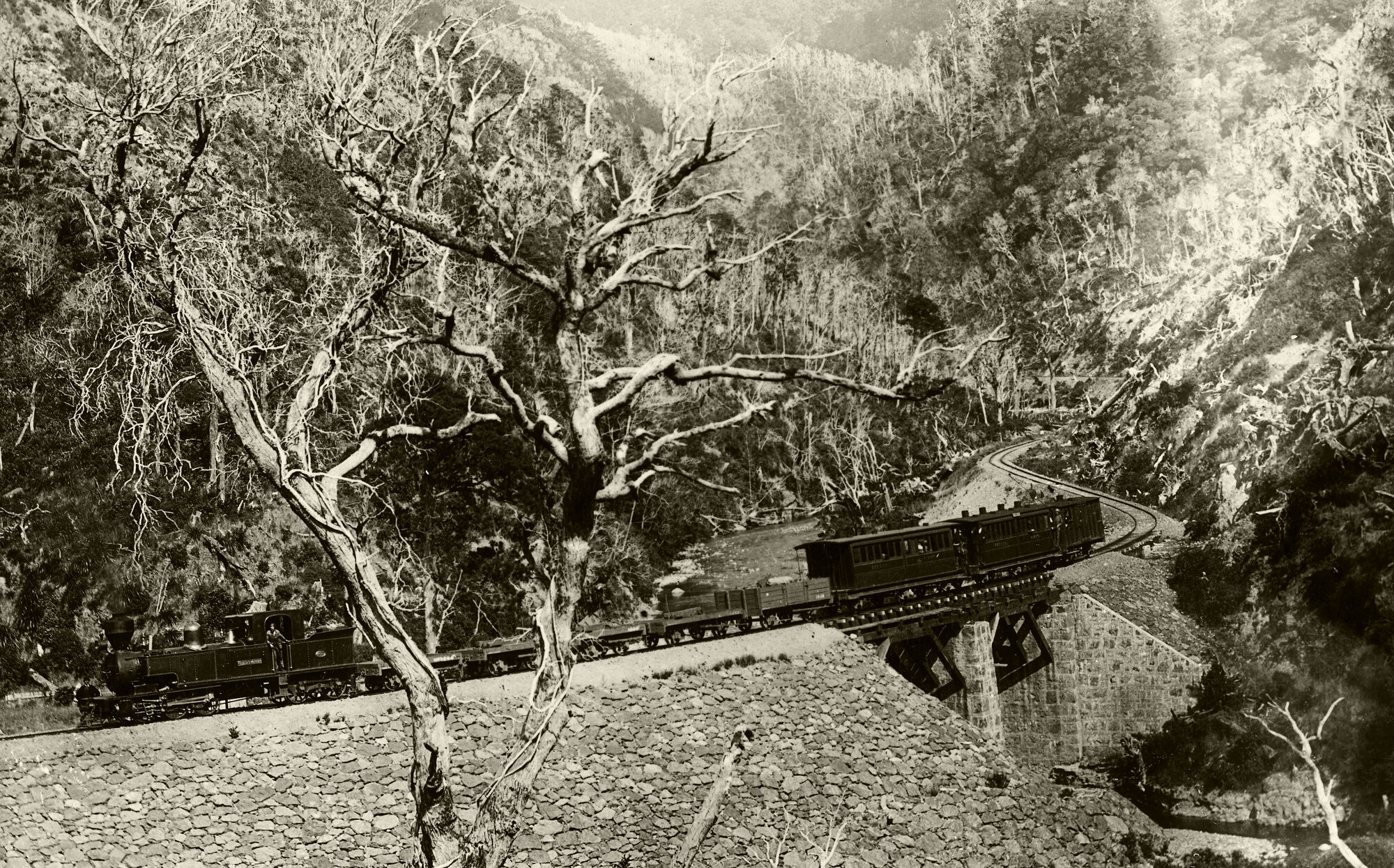 Train with a Fairlie Locomotive on Ladle Bend, Rimutaka Incline; ca 1880s