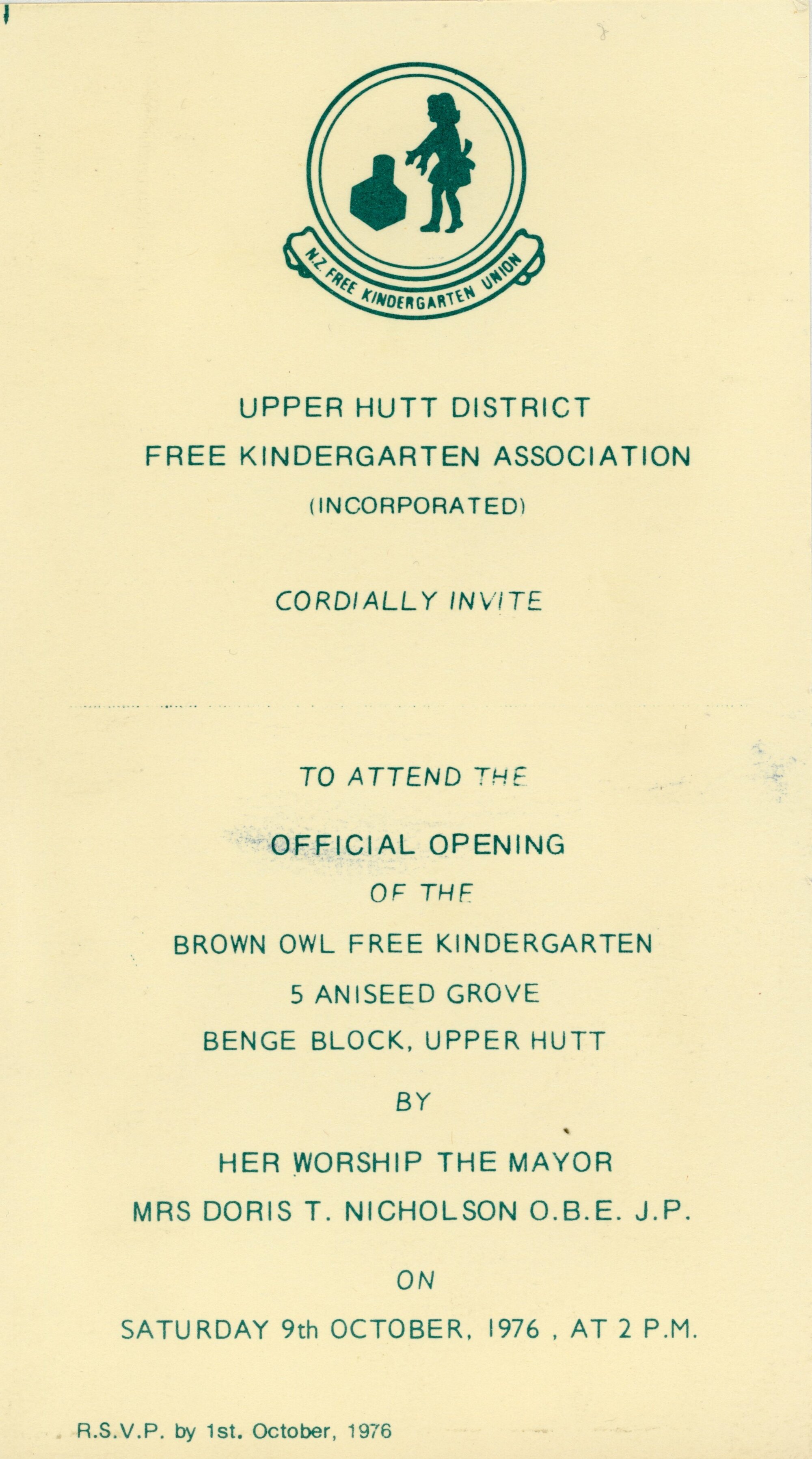 Invitation for opening of Brown Owl Free Kindergarten; October 1976