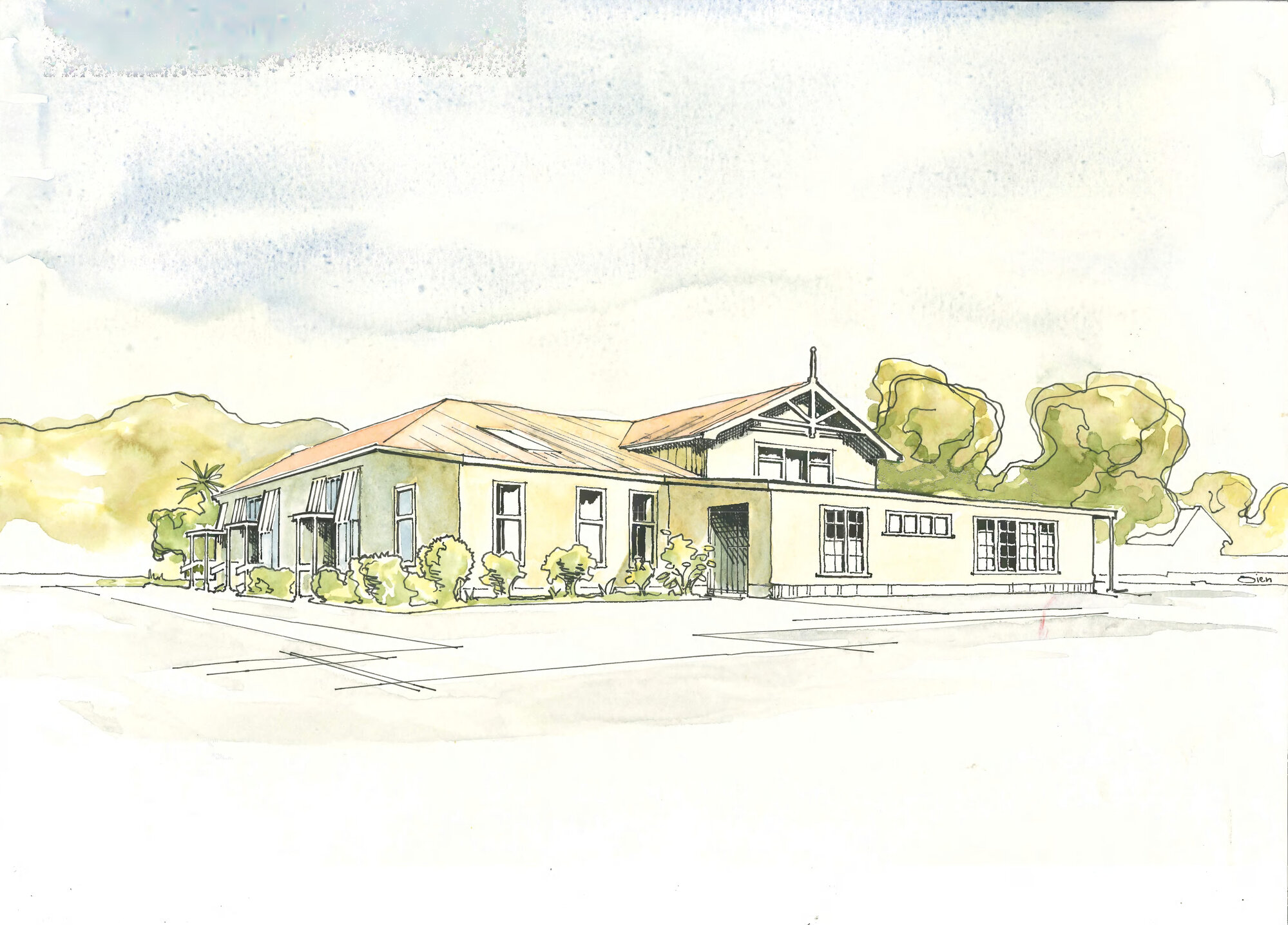 Upper Hutt School; Watercolour of main block; post 1972
