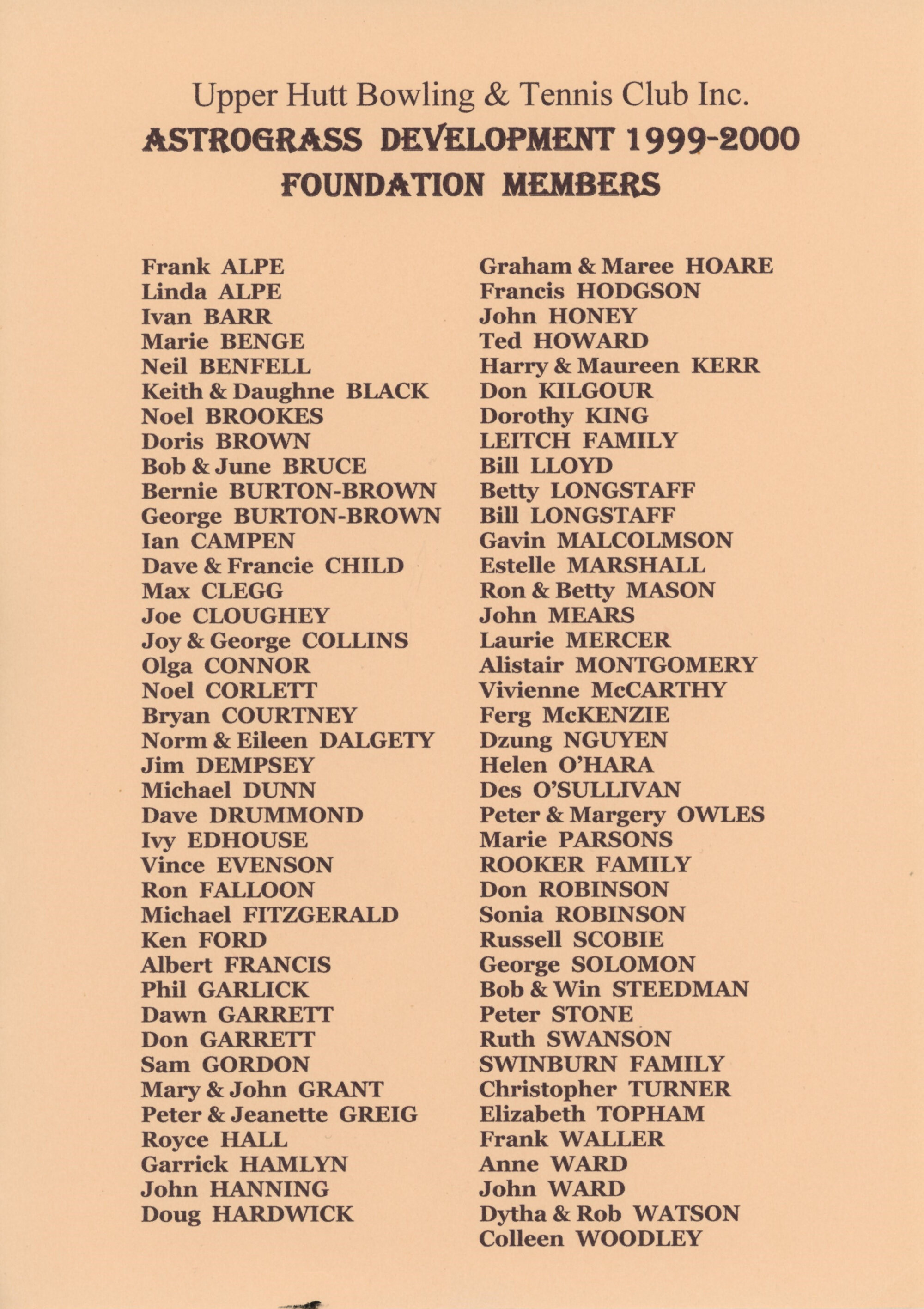 Upper Hutt Bowling and Tennis Club Inc.; Astrograss Development Foundation Members; 1999-2000