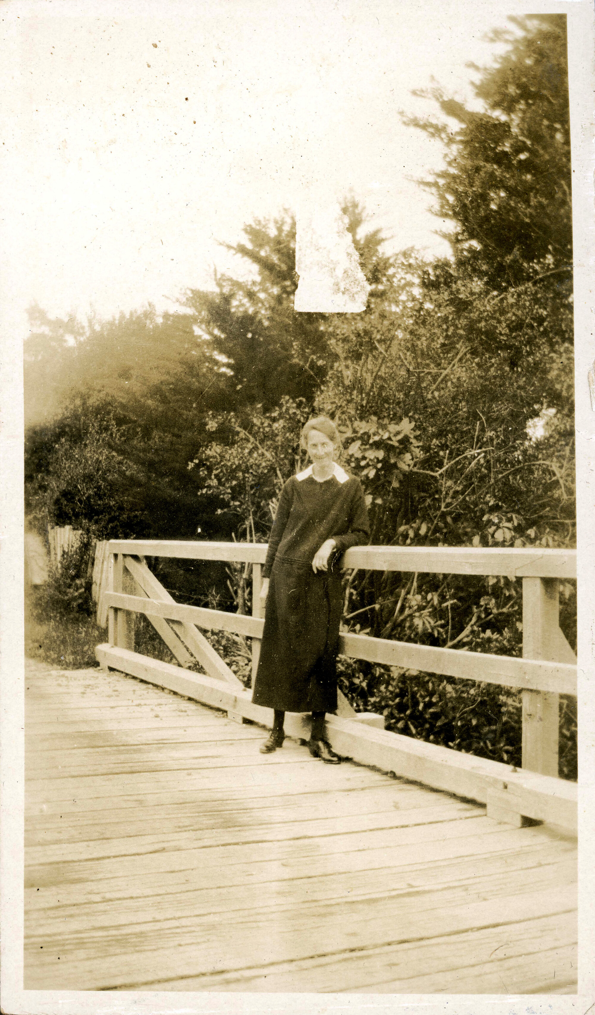 Sharman Marsh Family Photo Album; Mrs Jarvie on Bridge; ca. 1920s