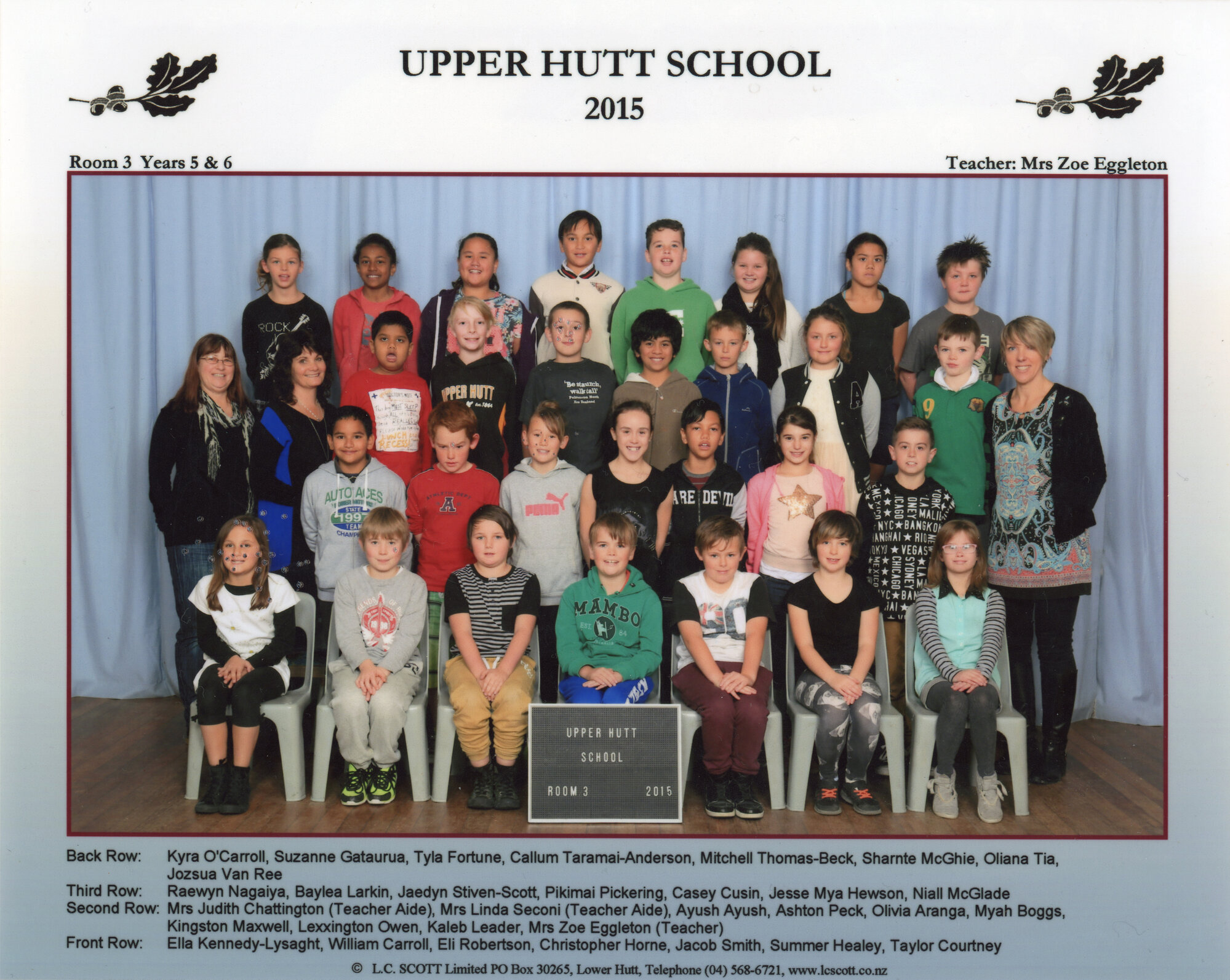 Upper Hutt School; Class photo Room 3; 2015