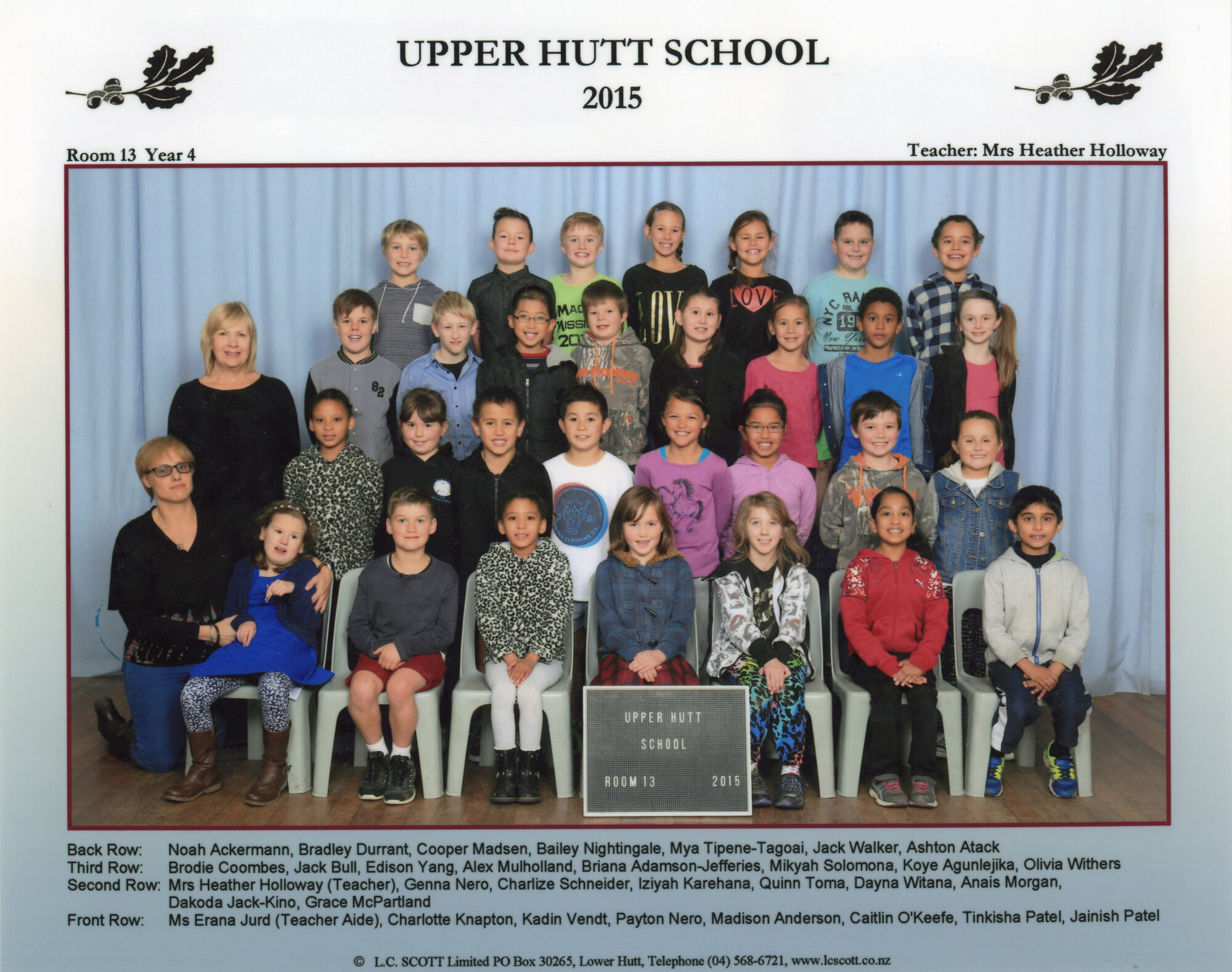 Upper Hutt School; Class photo Room 13; 2015