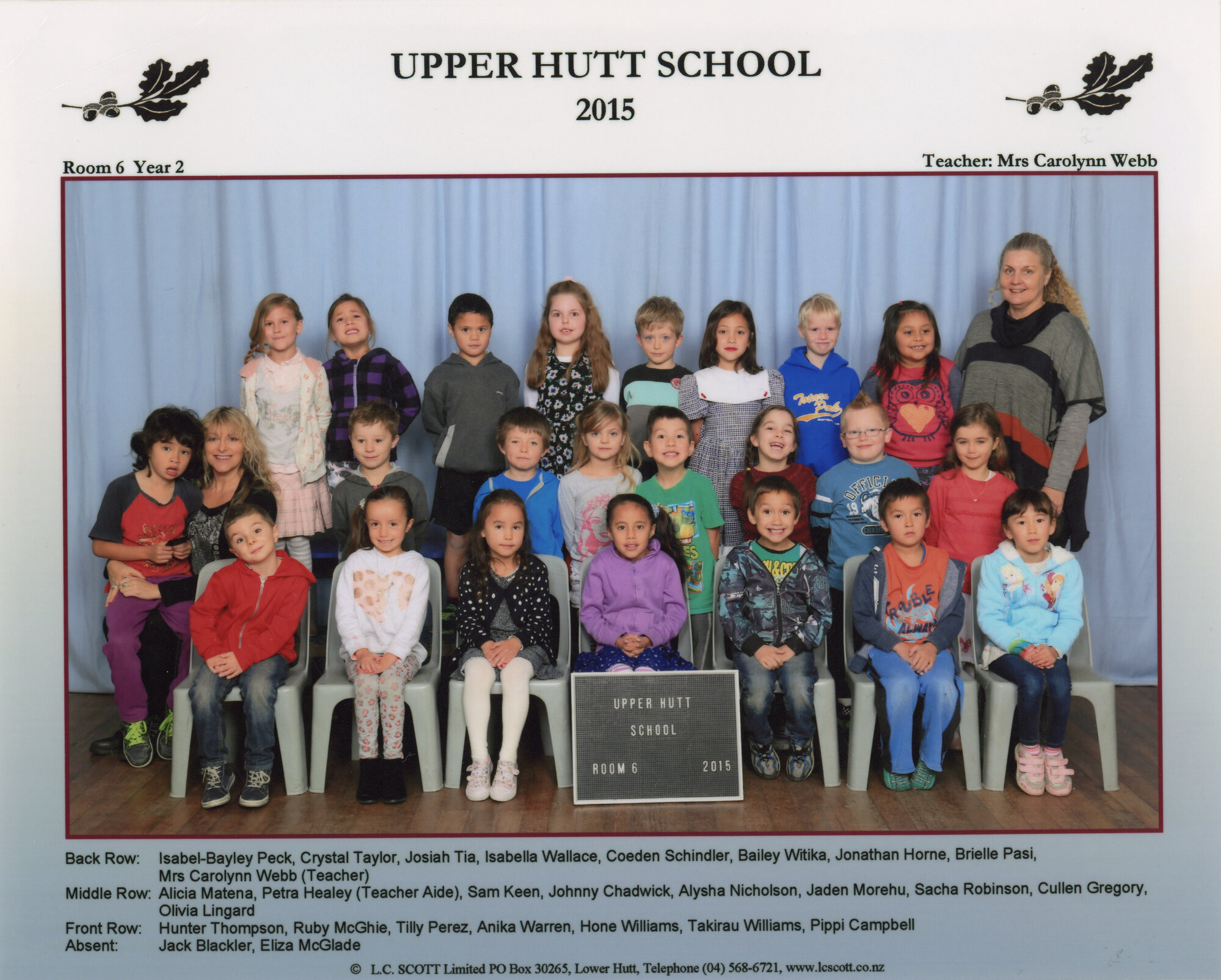 Upper Hutt School; Class photo Room 6; 2015
