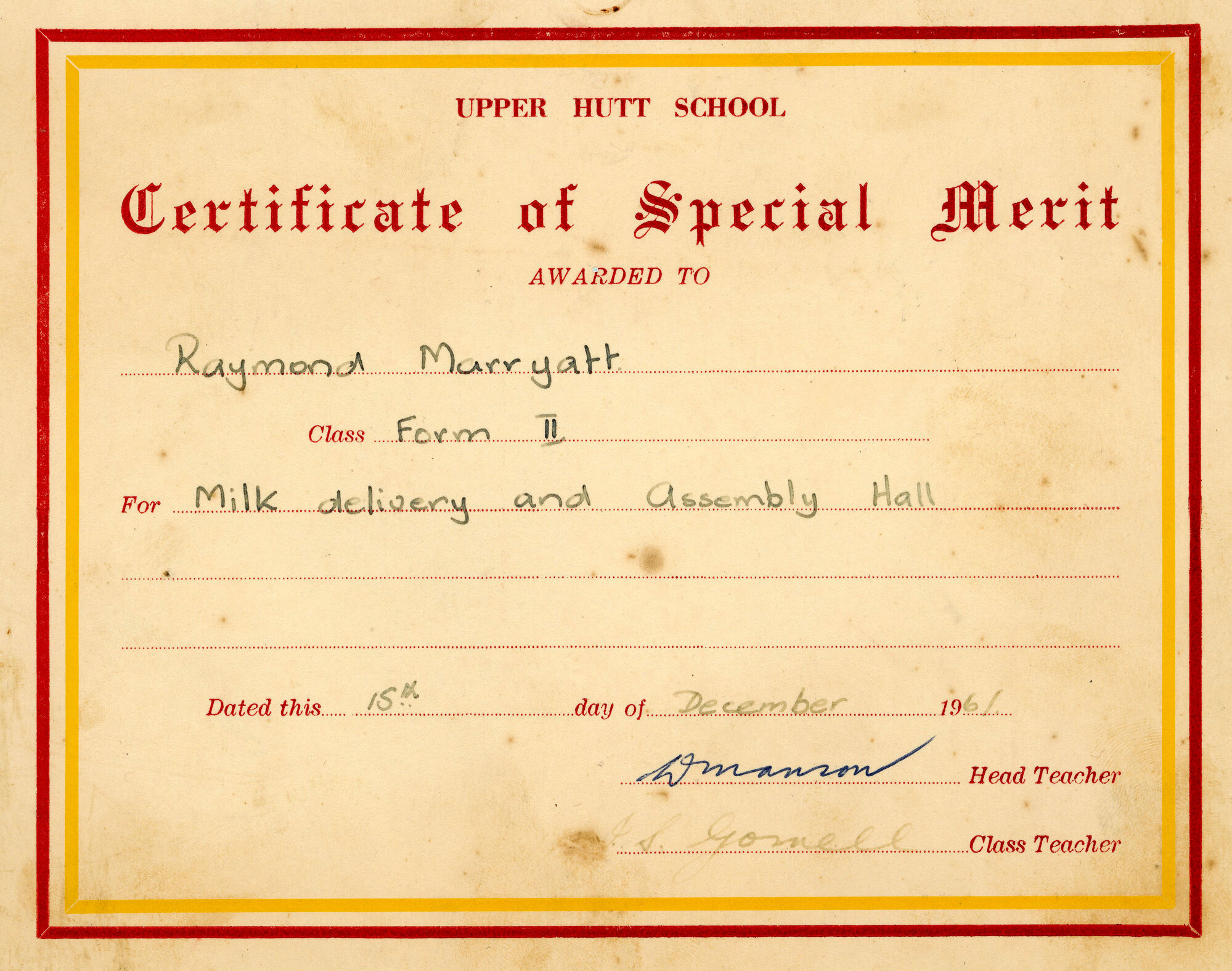 Upper Hutt School Certificate of Merit; 1961