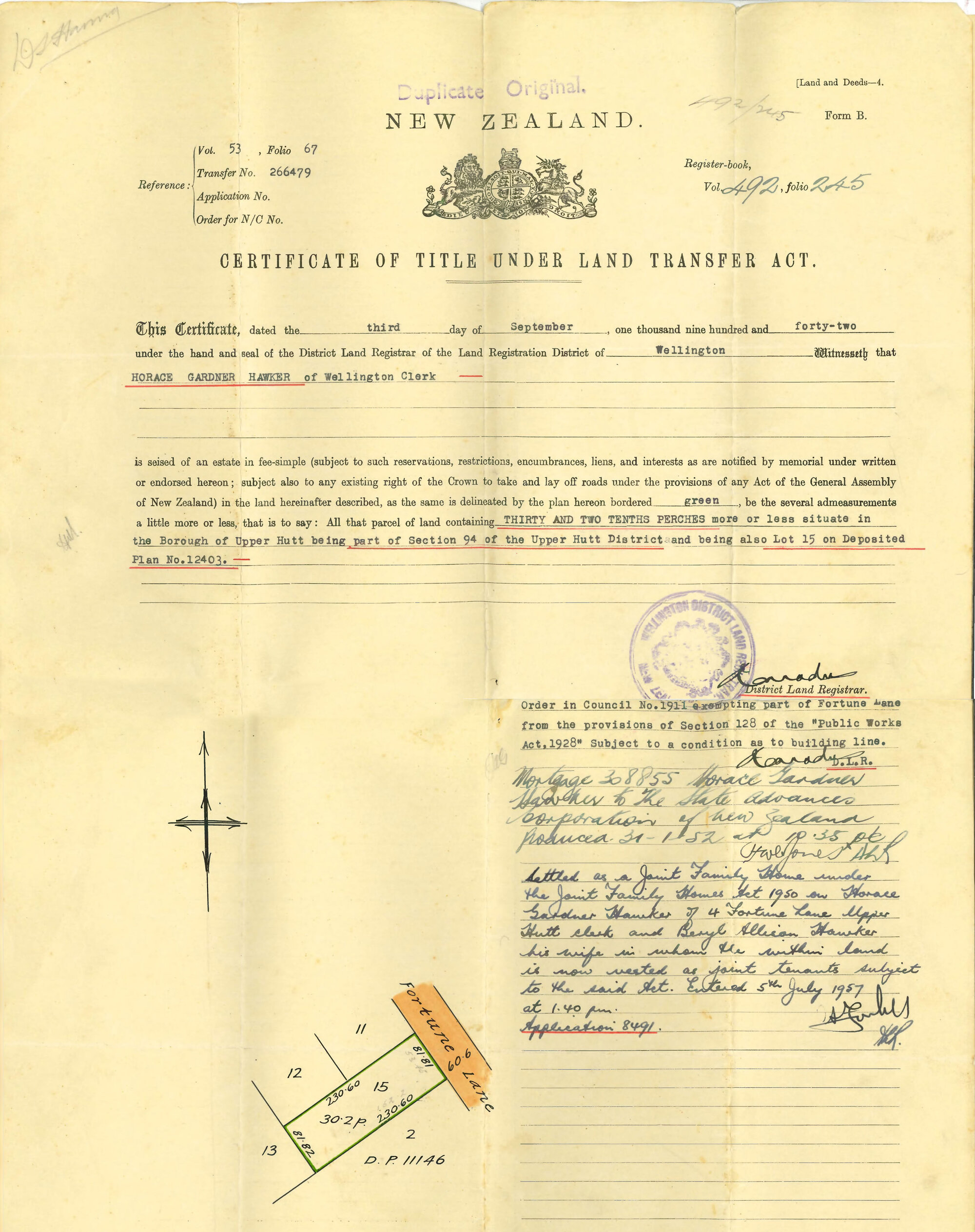 Certificate of Title for the Lot 5 Fortune Lane; 1942
