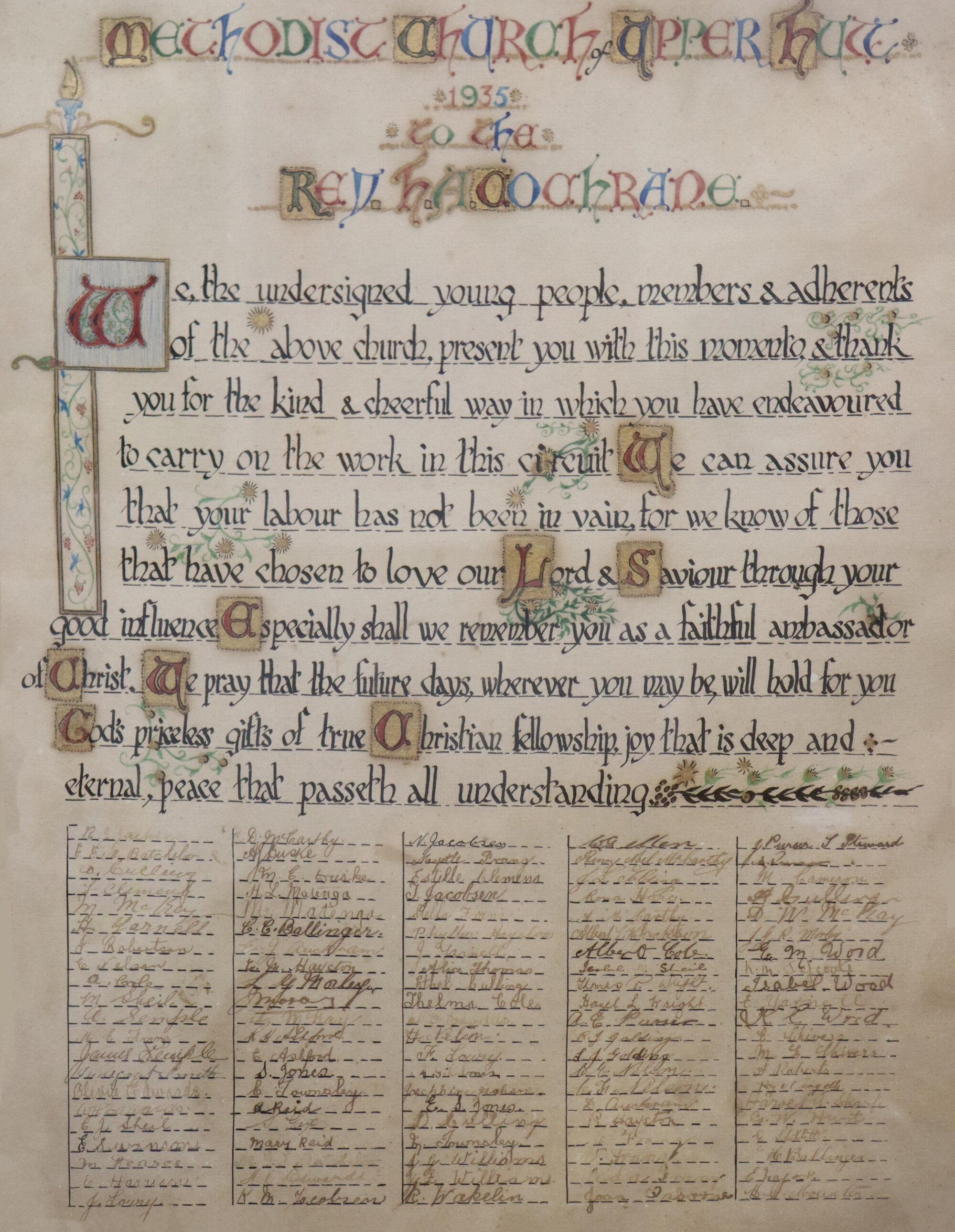 Illuminated Memento from the parishioners of the Upper Hutt Methodist Circuit; 1935
