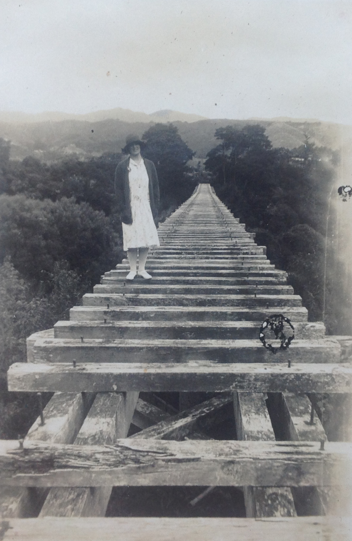 Myrtle Benge on Maymorn Railway Bridge; ca. 1920s