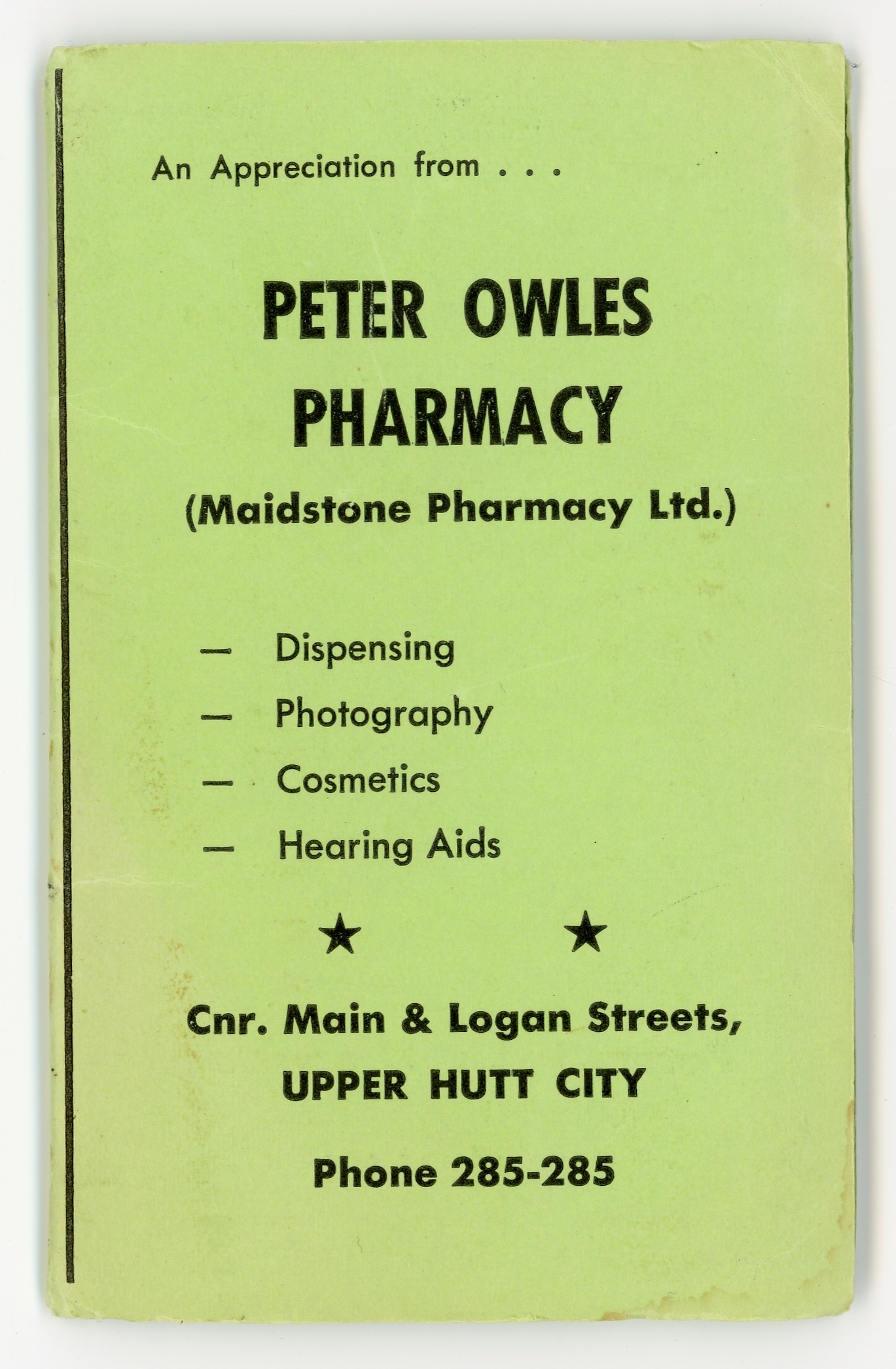 Peter Owles Pharmacy; Complimentary Notebook; 1985