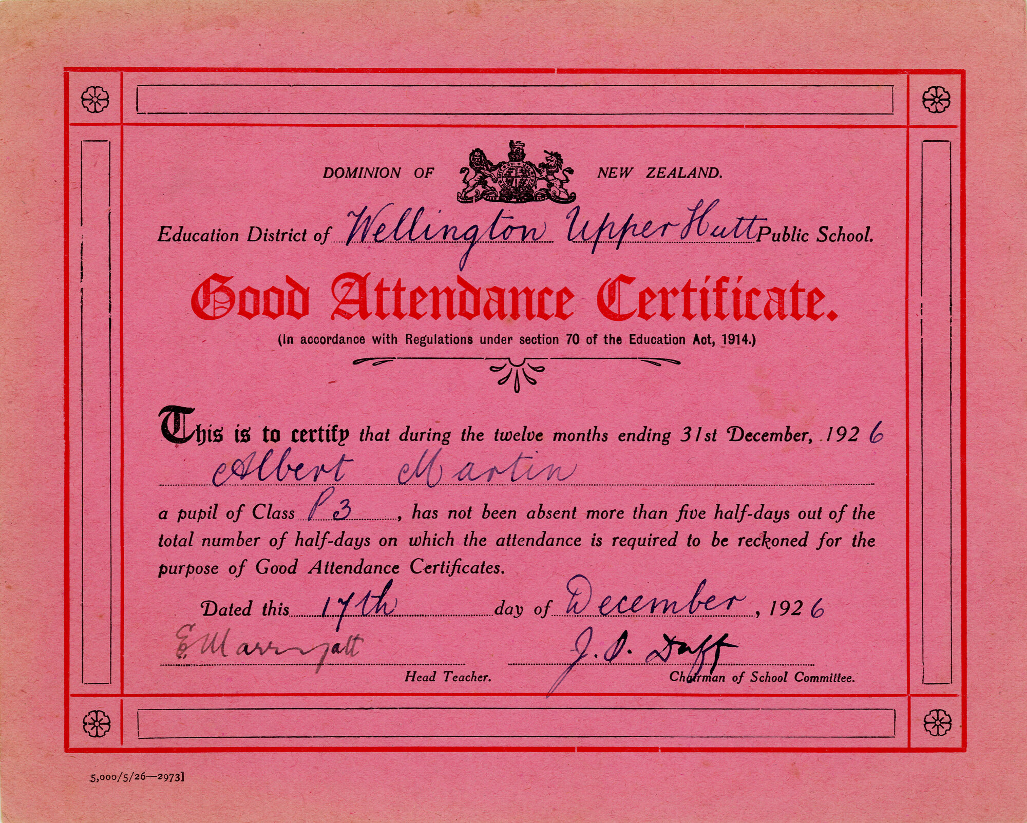 Upper Hutt School; Albert Martin Good Attendance Certificate; 1926 
