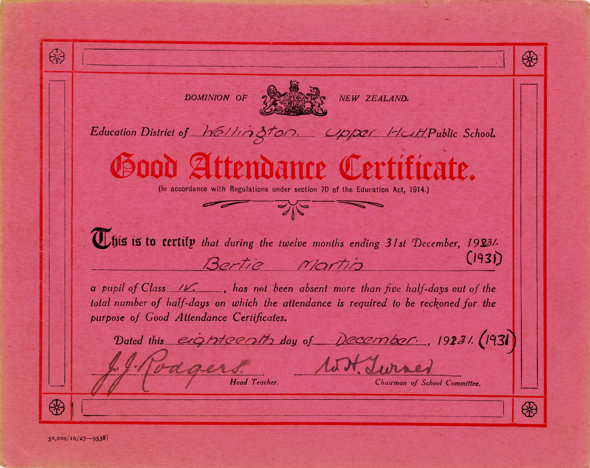Upper Hutt School; Albert Martin Good Attendance Certificate; 1931