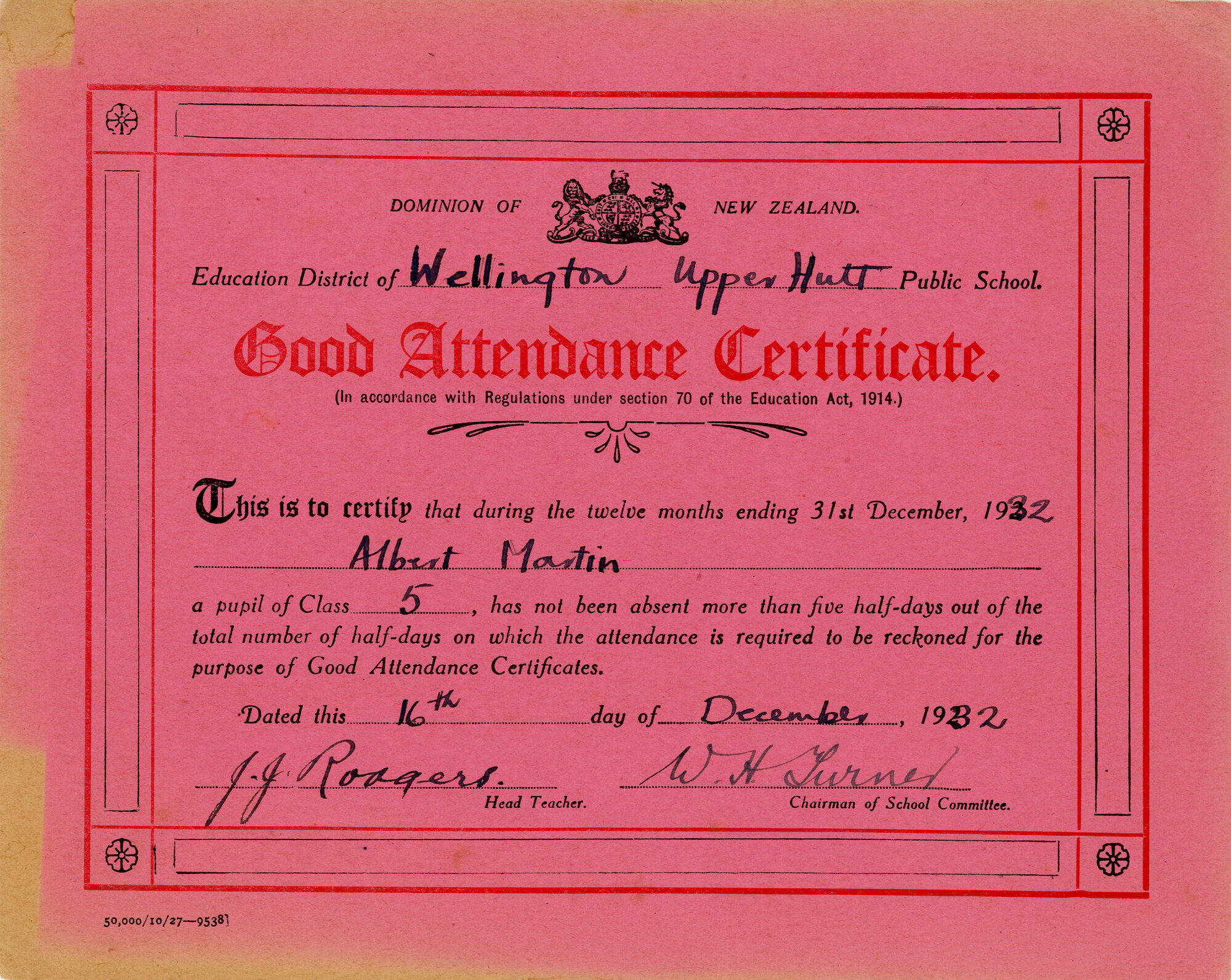 Upper Hutt School; Albert Martin Good Attendance Certificate; 1932 