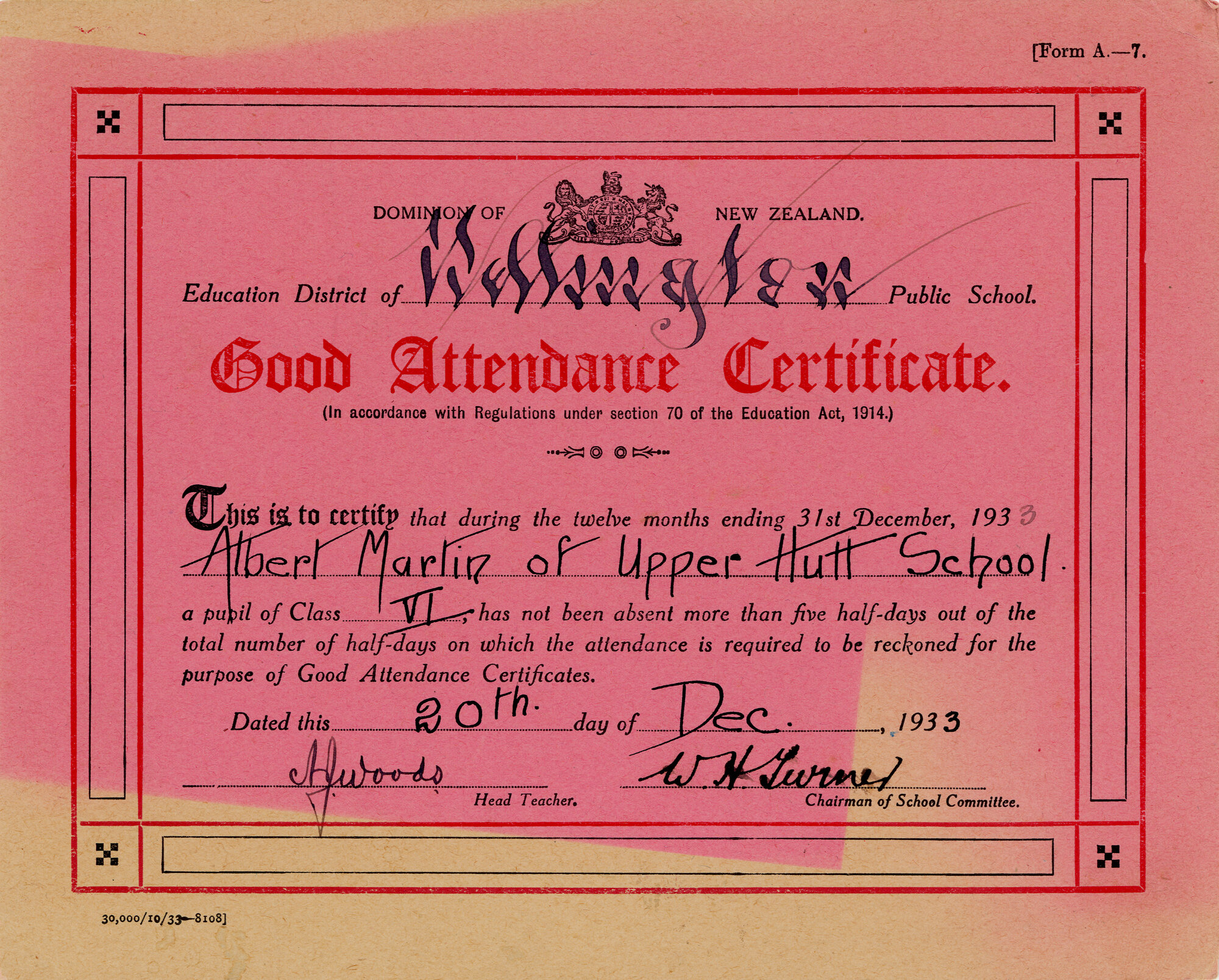 Upper Hutt School; Albert Martin Good Attendance Certificate; 1933