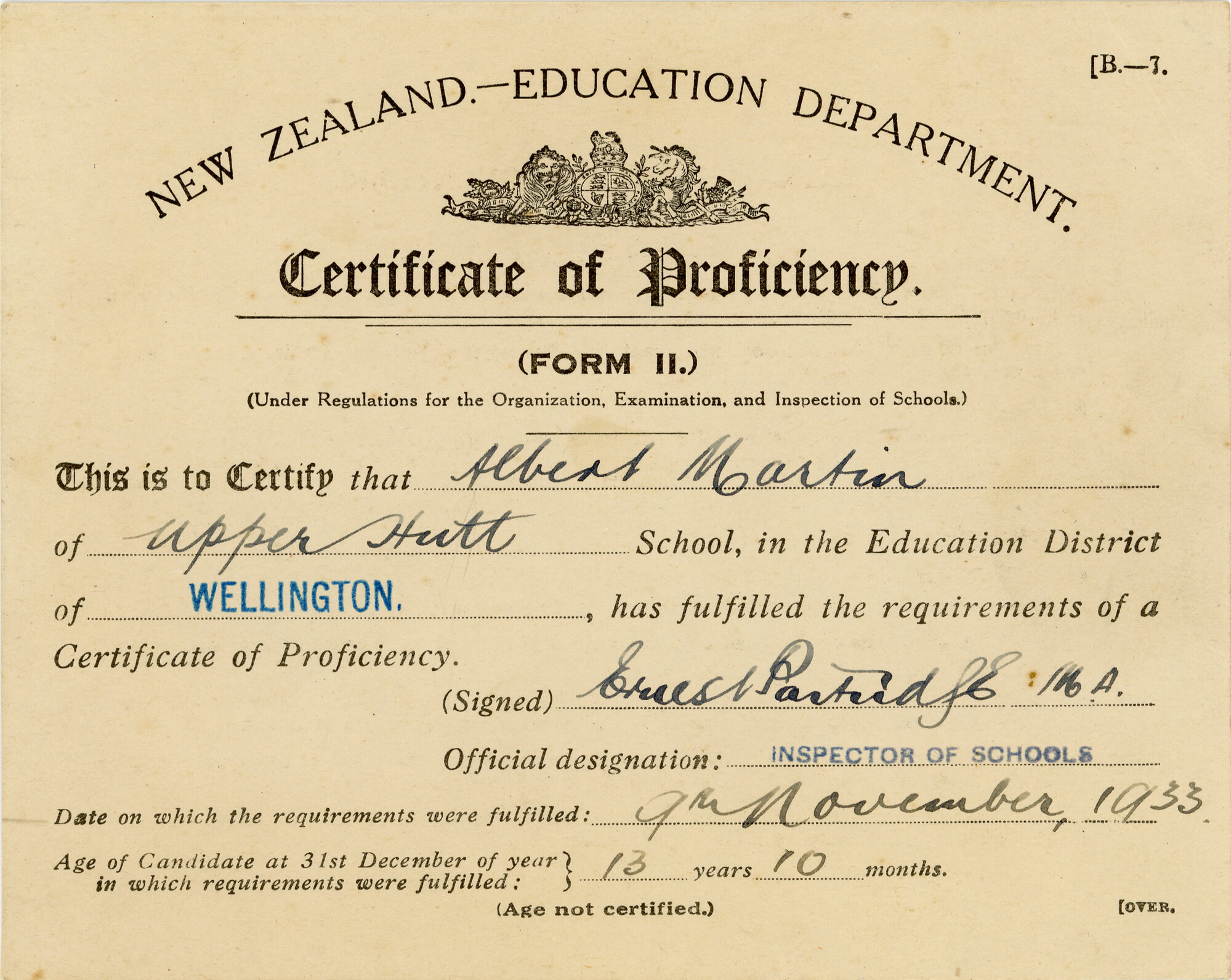 Upper Hutt School; Albert Martin Certificate of Proficiency; 1933