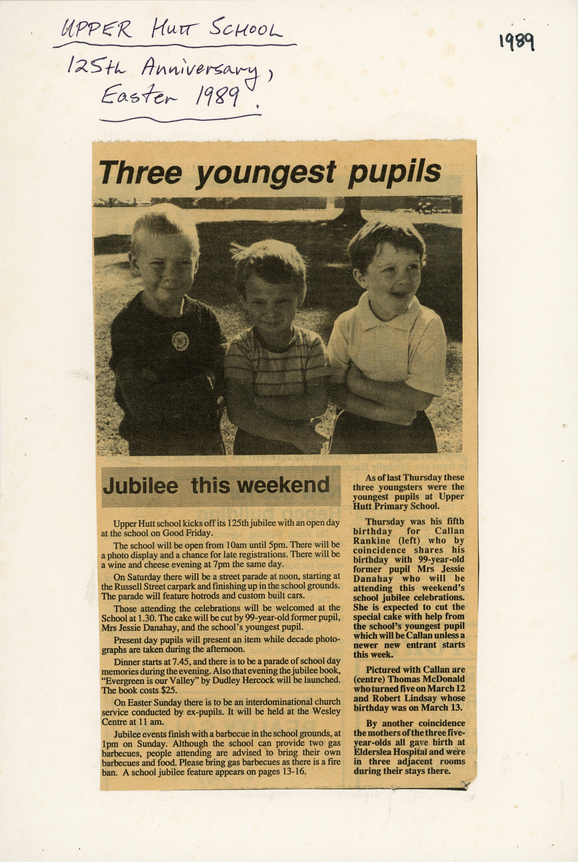 Upper Hutt School; 125th Jubilee newspaper clipping; 1989