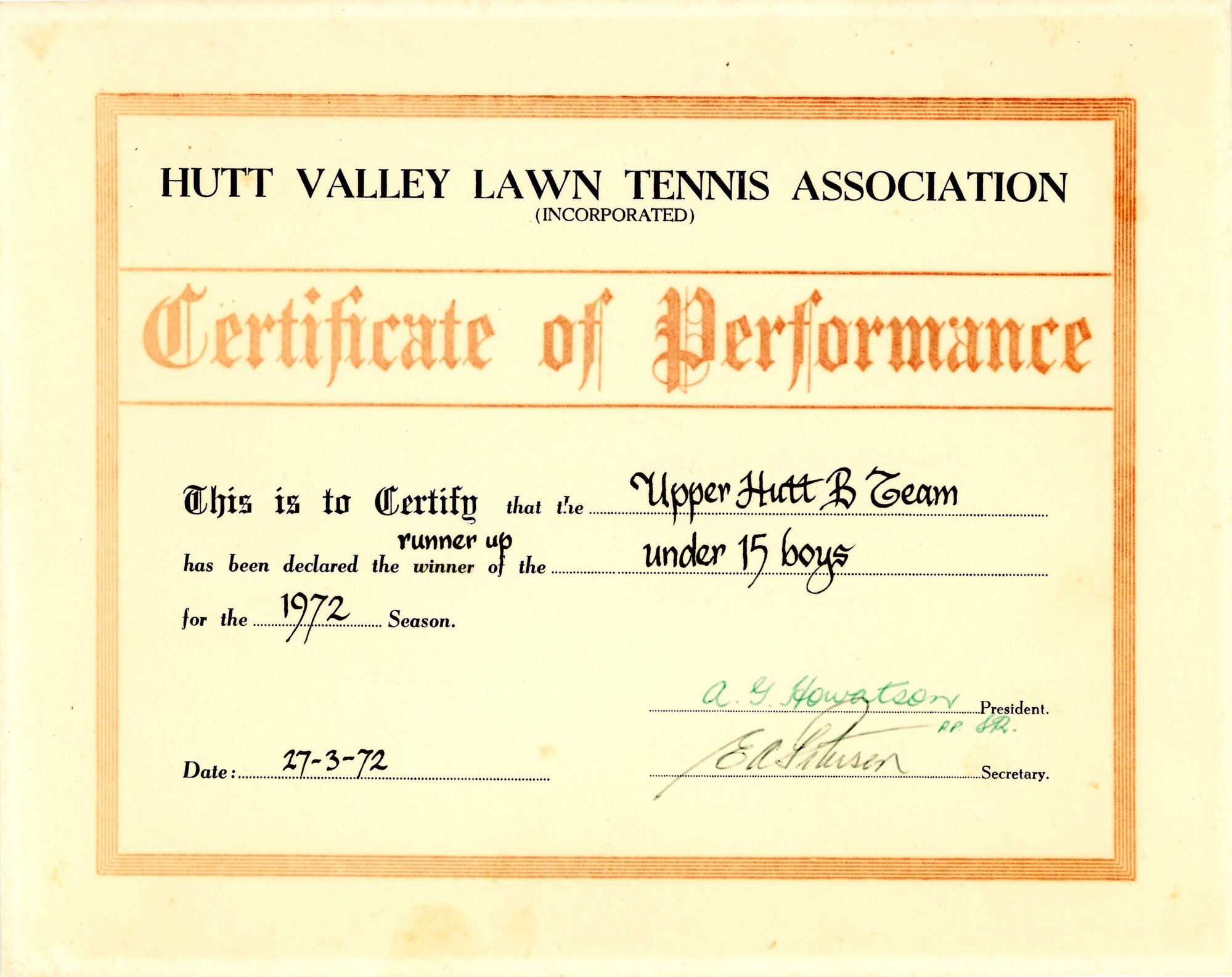 Upper Hutt Tennis Club; Certificate of Performance; March 1972
