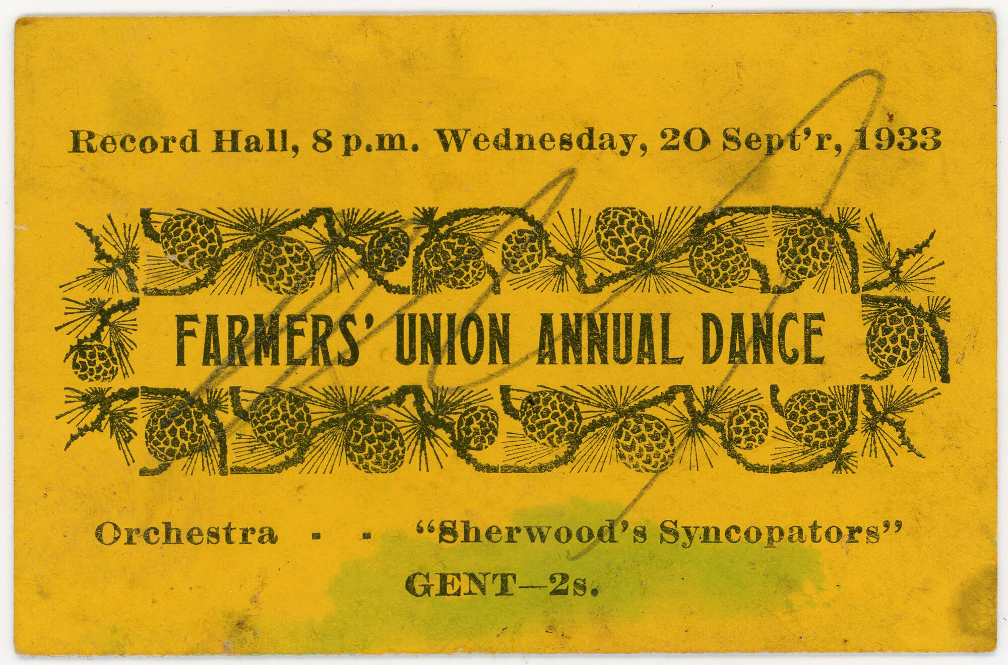 Ticket; Farmers Union Annual Dance; 1933