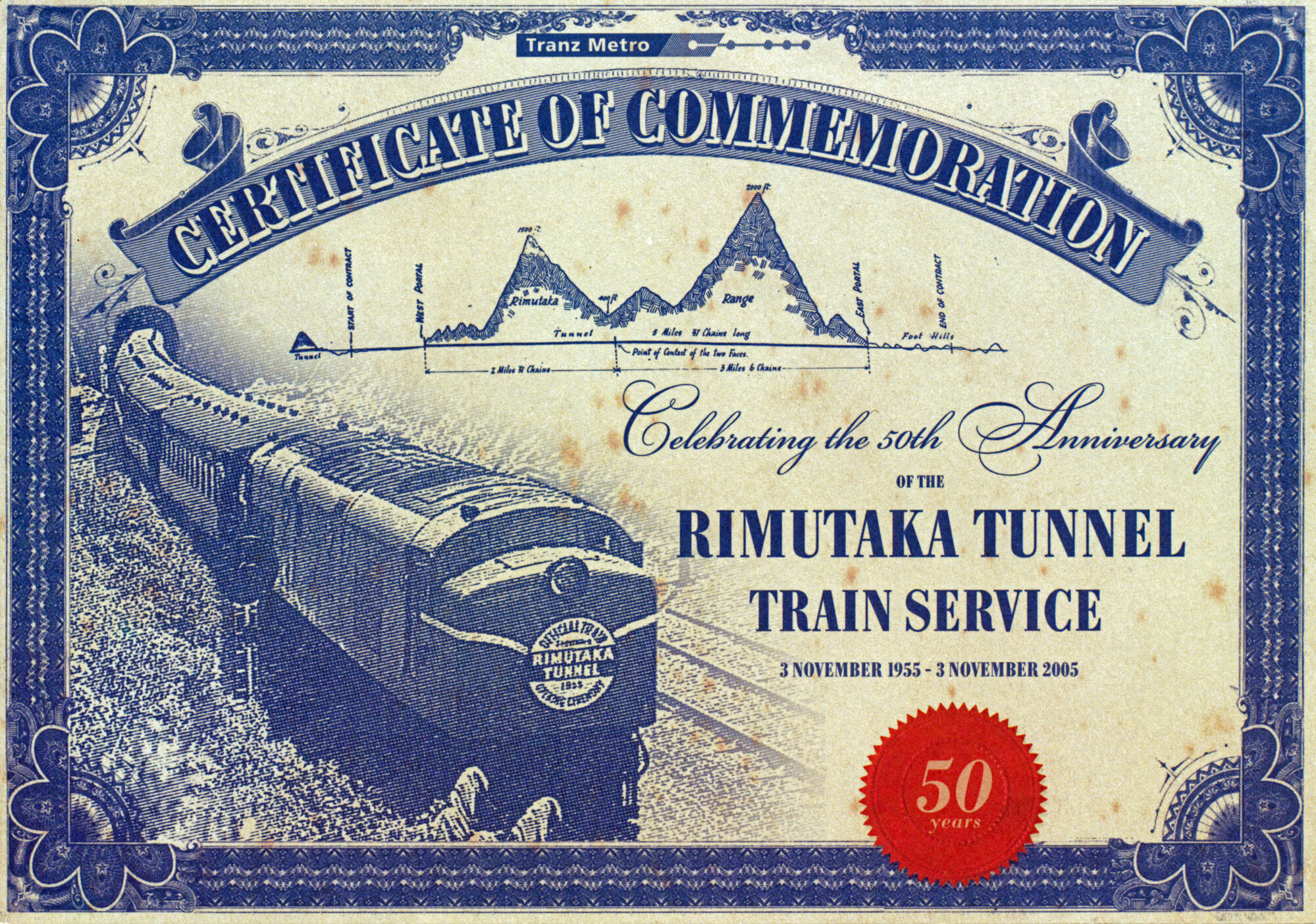 Certificate of Commemoration 50th Anniversary Rimutaka Tunnel Train Service