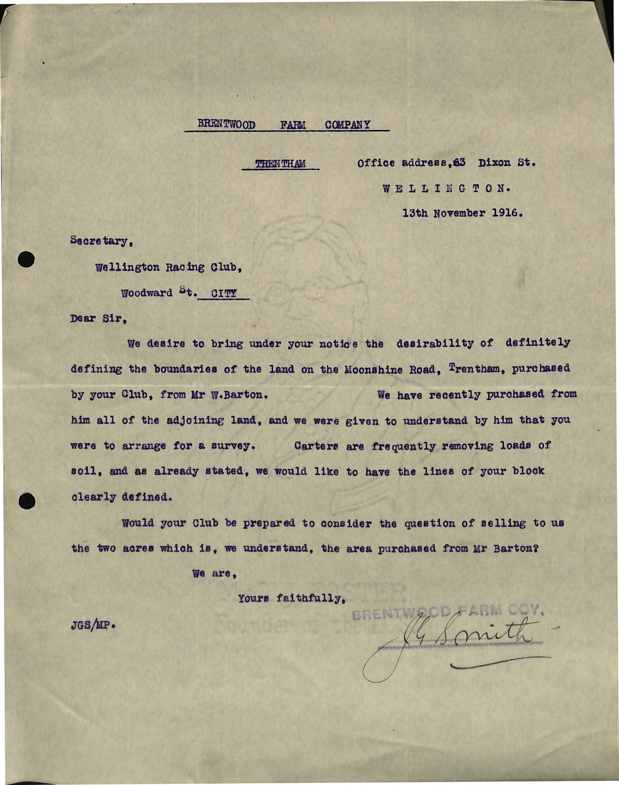 Letter to Wellington Racing Club from Brentwood Farm Company; 1916