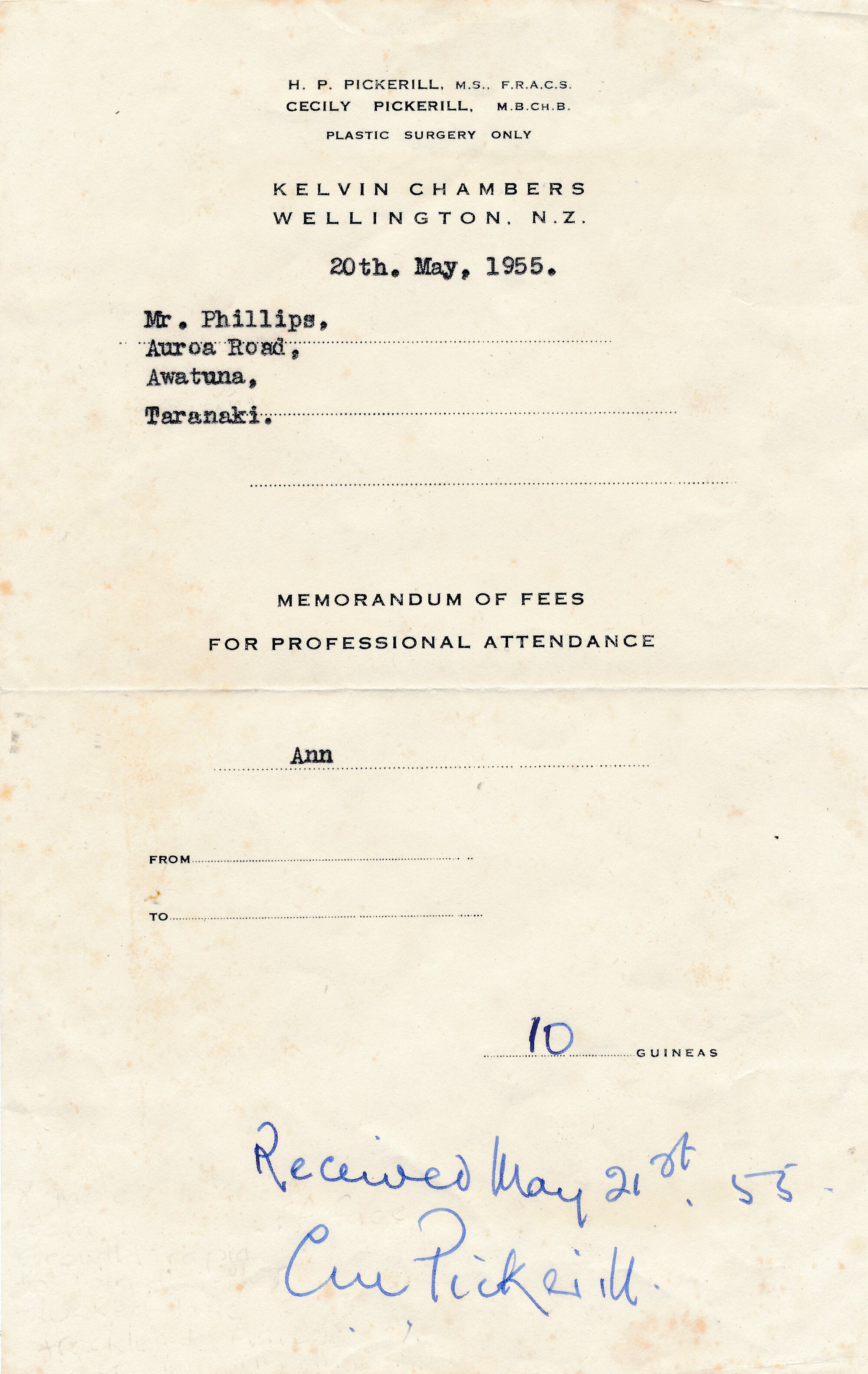 Memorandum of fees; Dame Cecily Pickerill