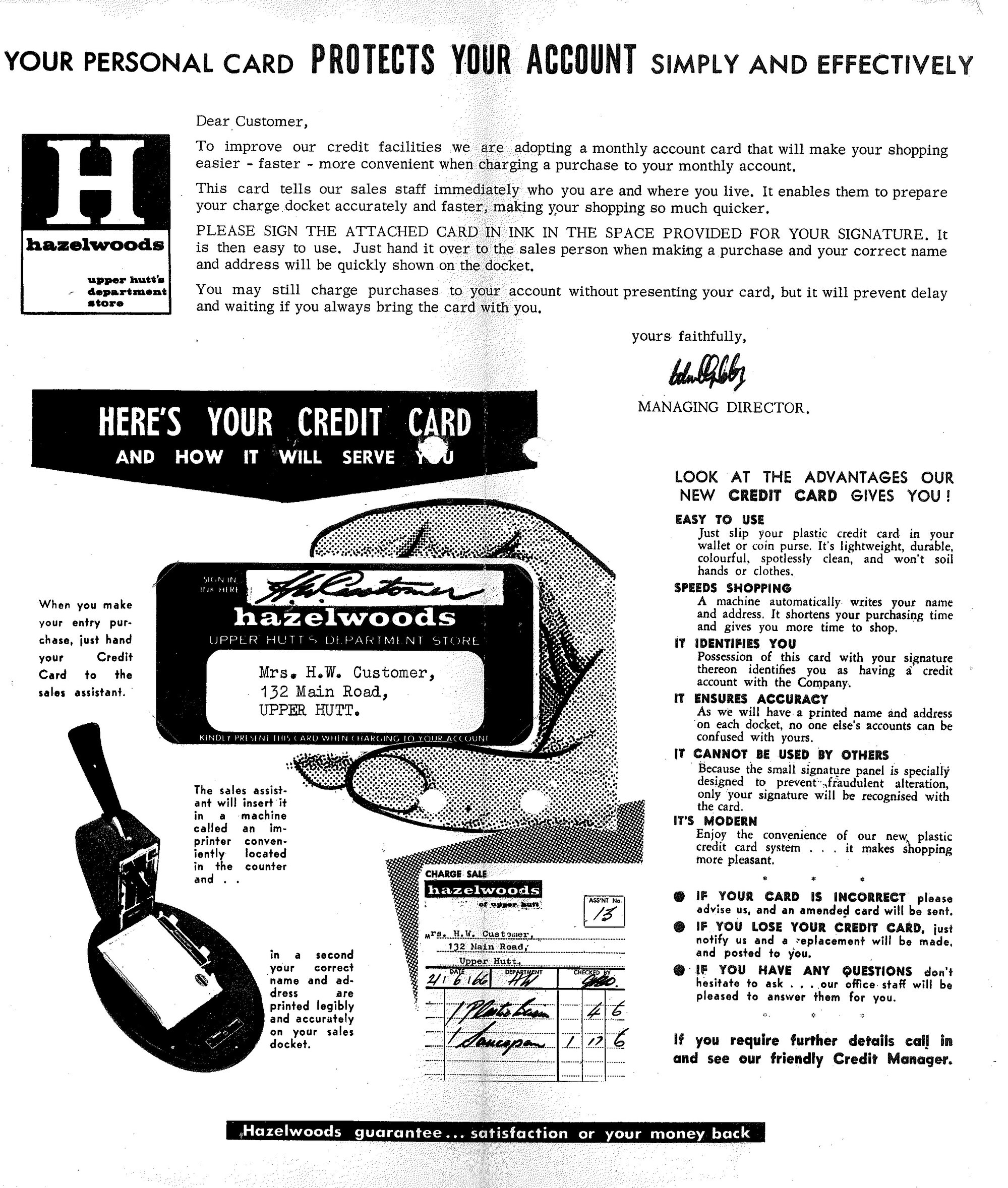 Hazelwoods credit card flyer, 1960s