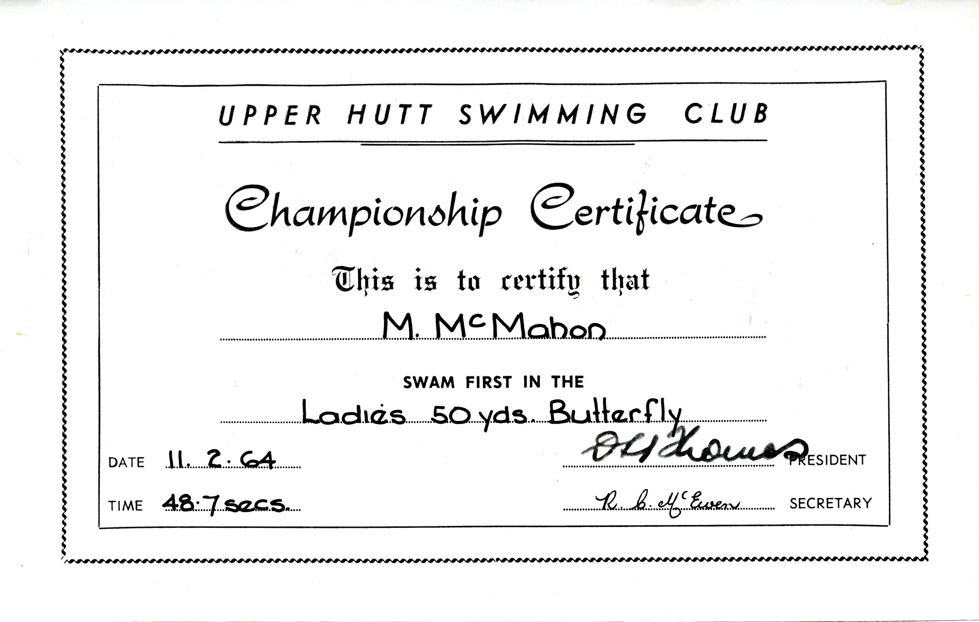 Upper Hutt Swimming Club certificate, 1964