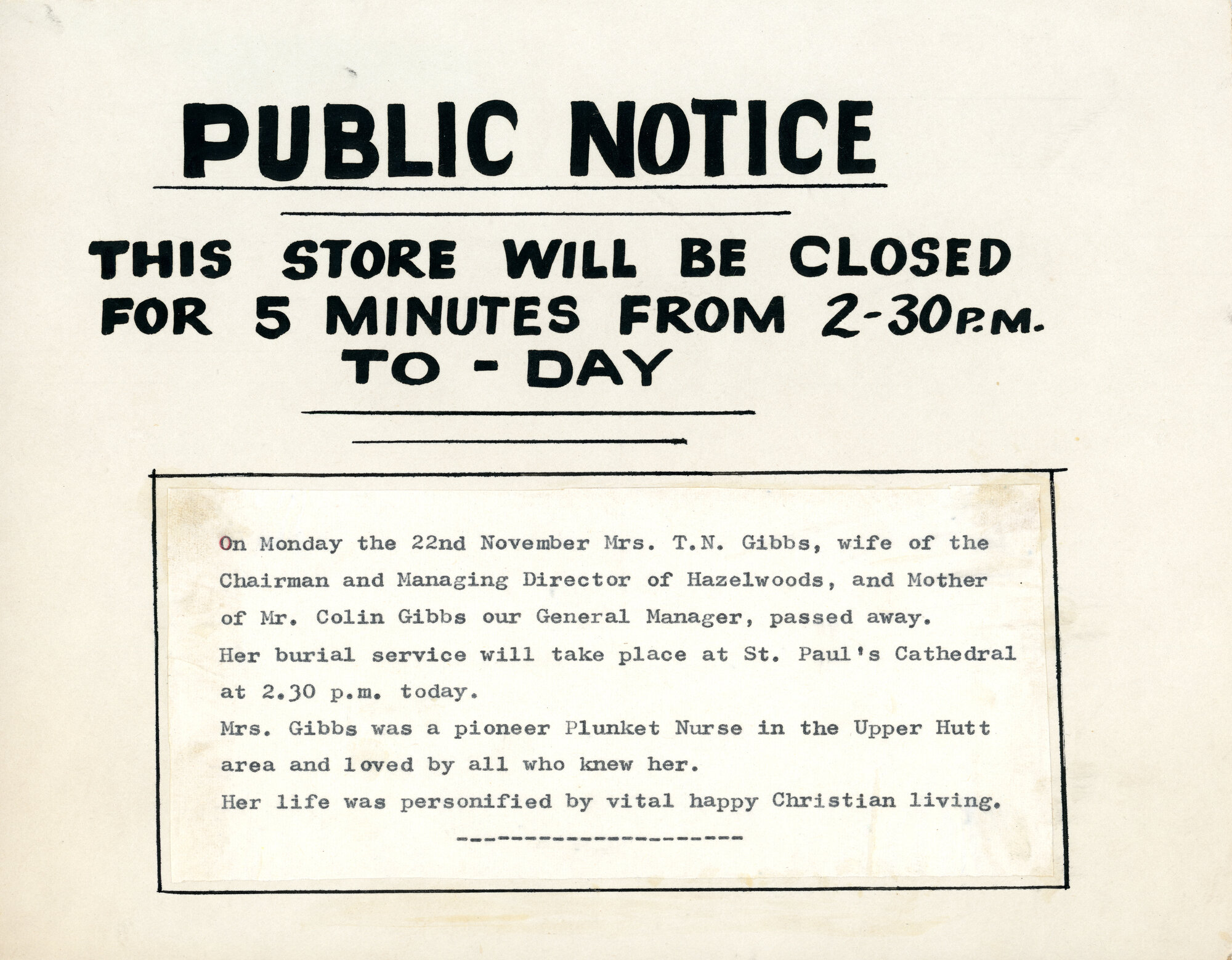 Hazelwoods closure notice, November 1965