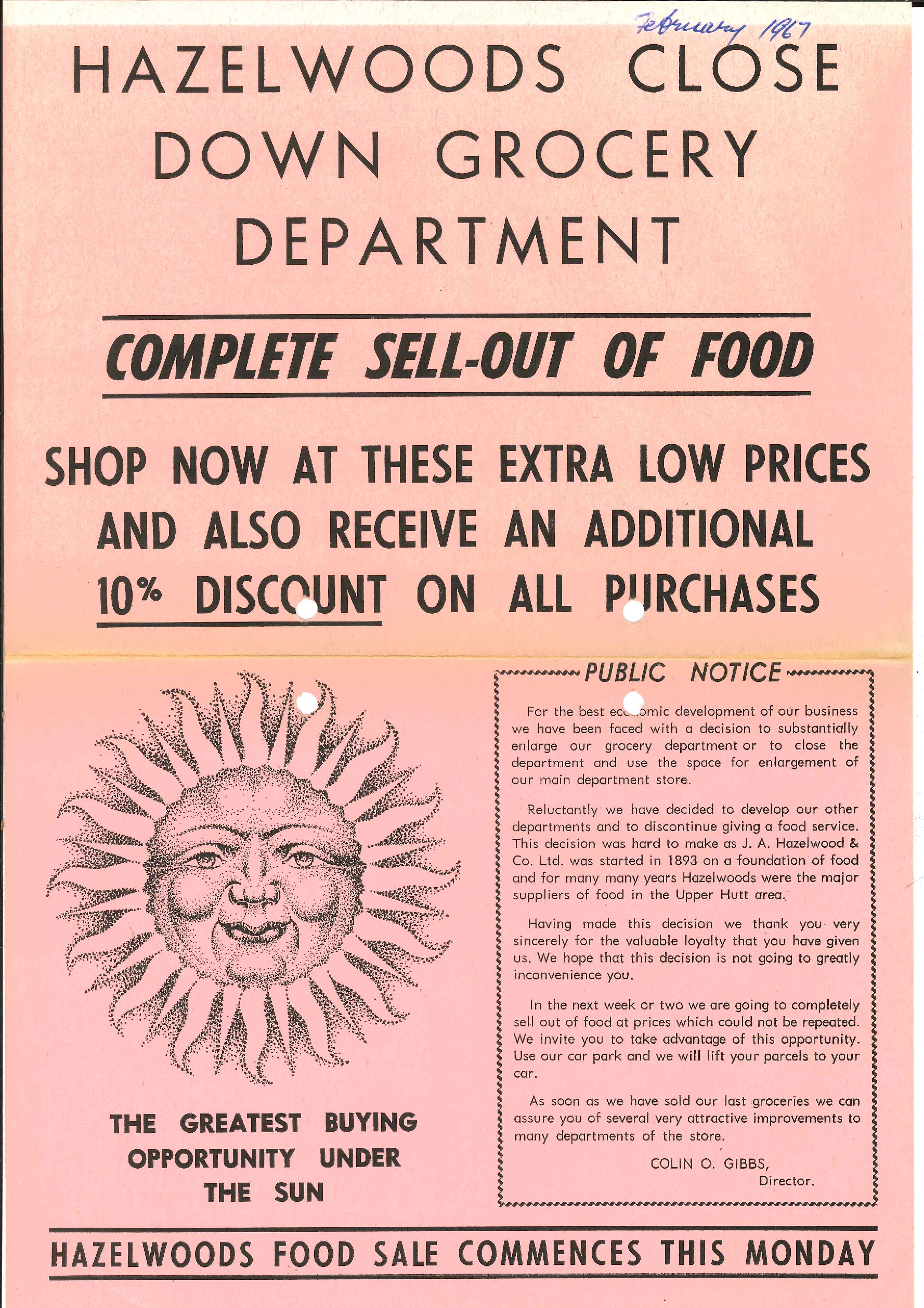 Hazelwoods grocery department closure flyer, 1967