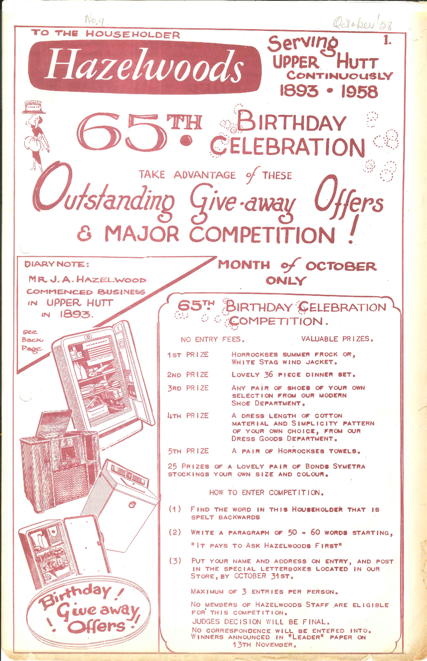 Hazelwoods 65th birthday flyer, 1958