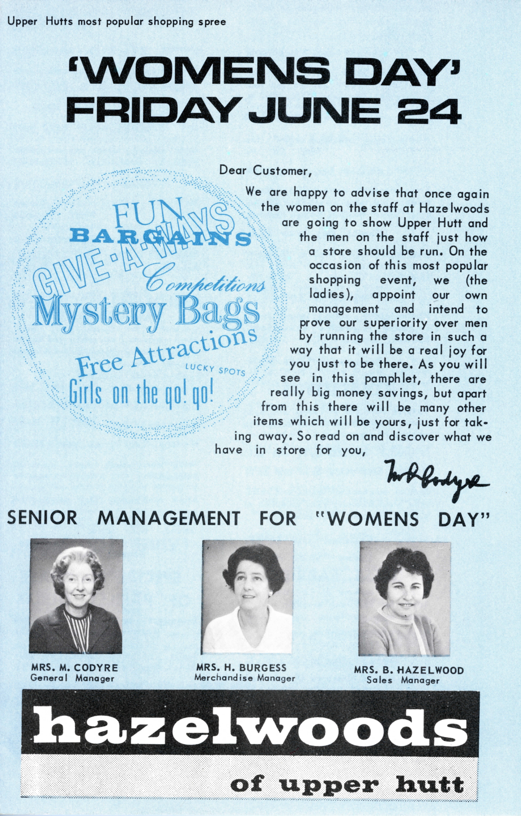 Hazelwoods Women's Day flyer, June 1966