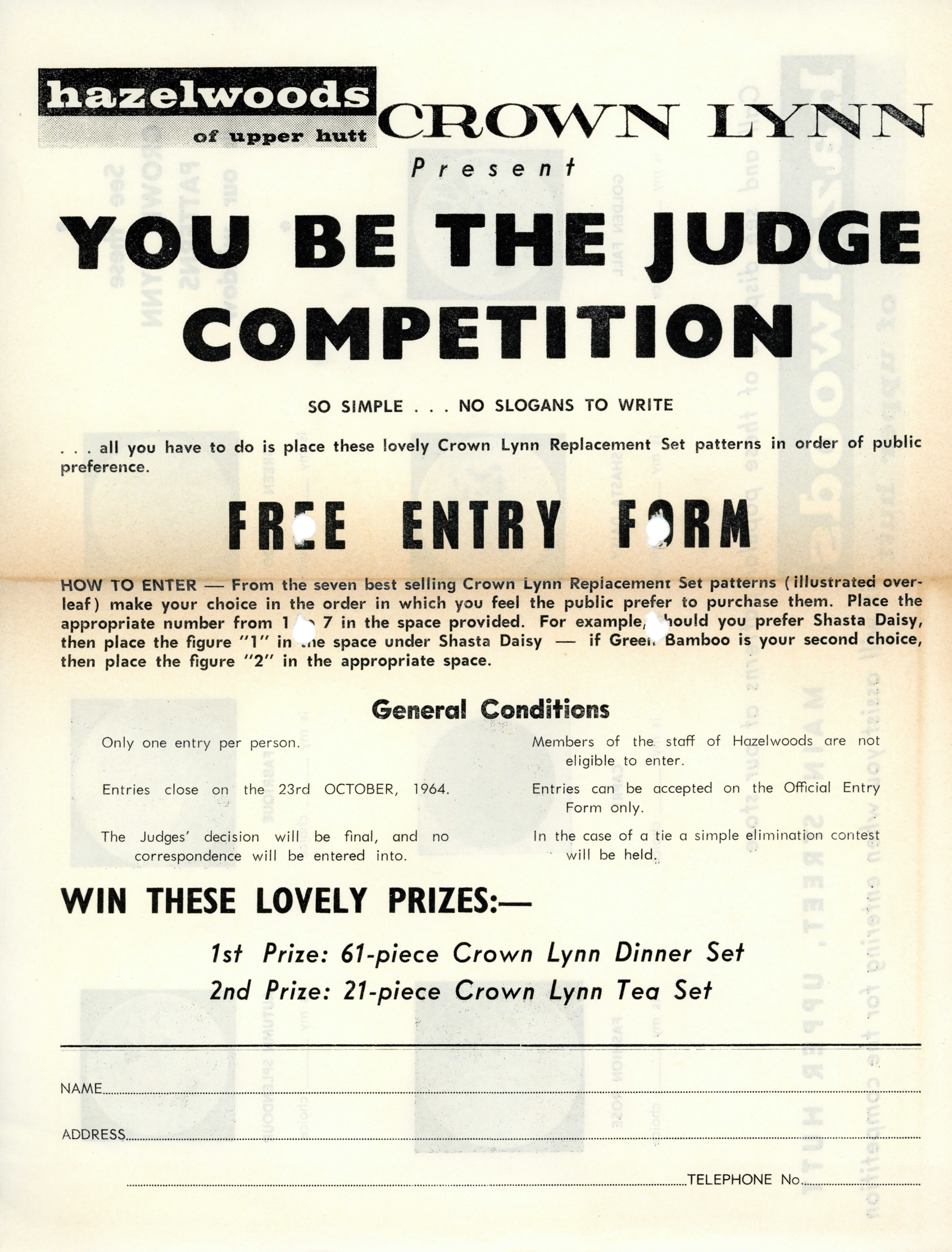 Hazelwoods Crown Lynn competition, 1964