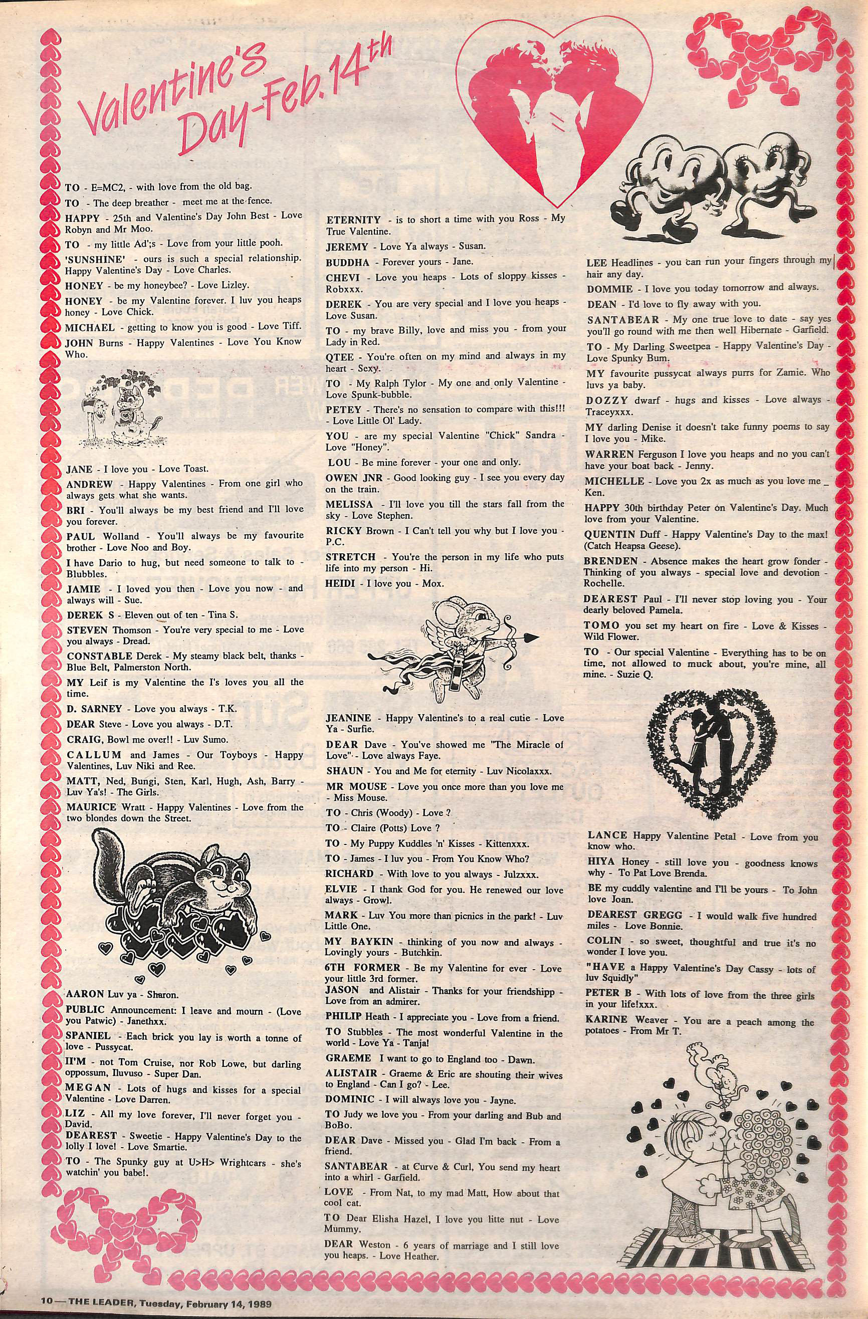 Valentine's Day Messages Printed in the Upper Hutt Leader; 1989