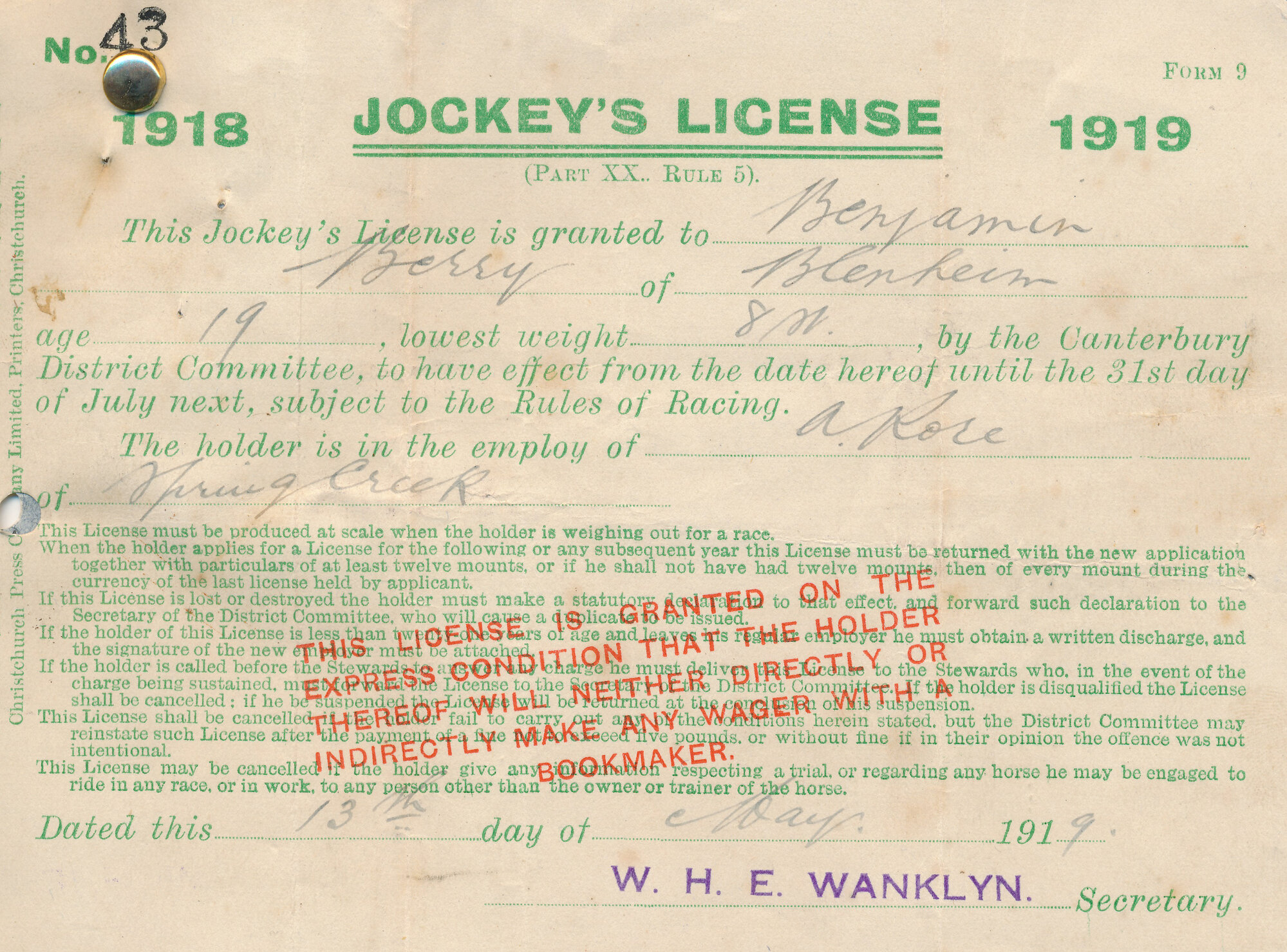 Wellington Racing Club; Jockey's Licence 