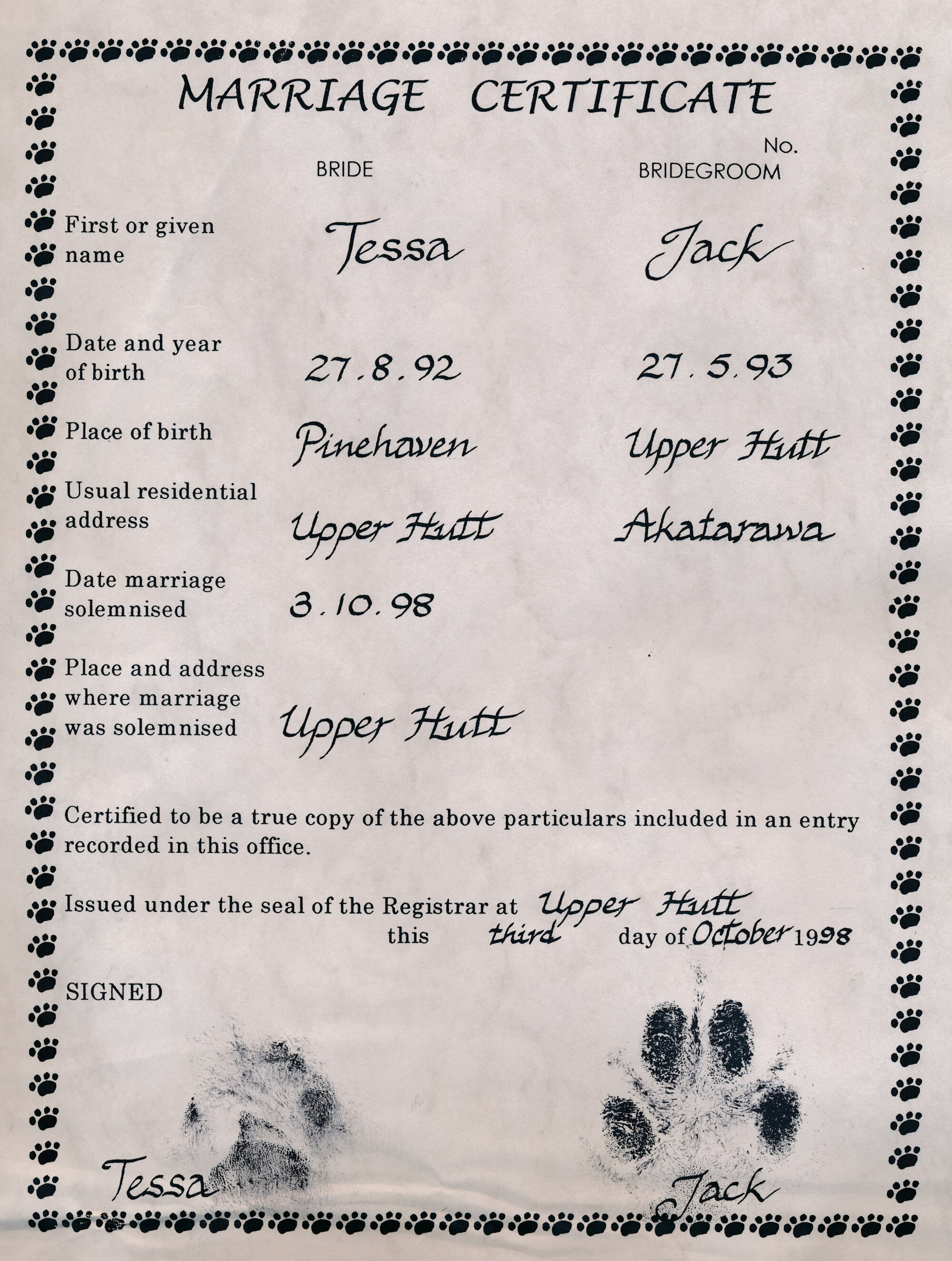 Tessa and Jack's Wedding; Marriage Certificate
