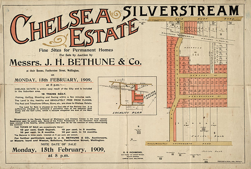 Housing development plan, 1909, Silverstream; Main Road, Gloucester, Marlborough, Pempsey streets. [P6-37-2096]