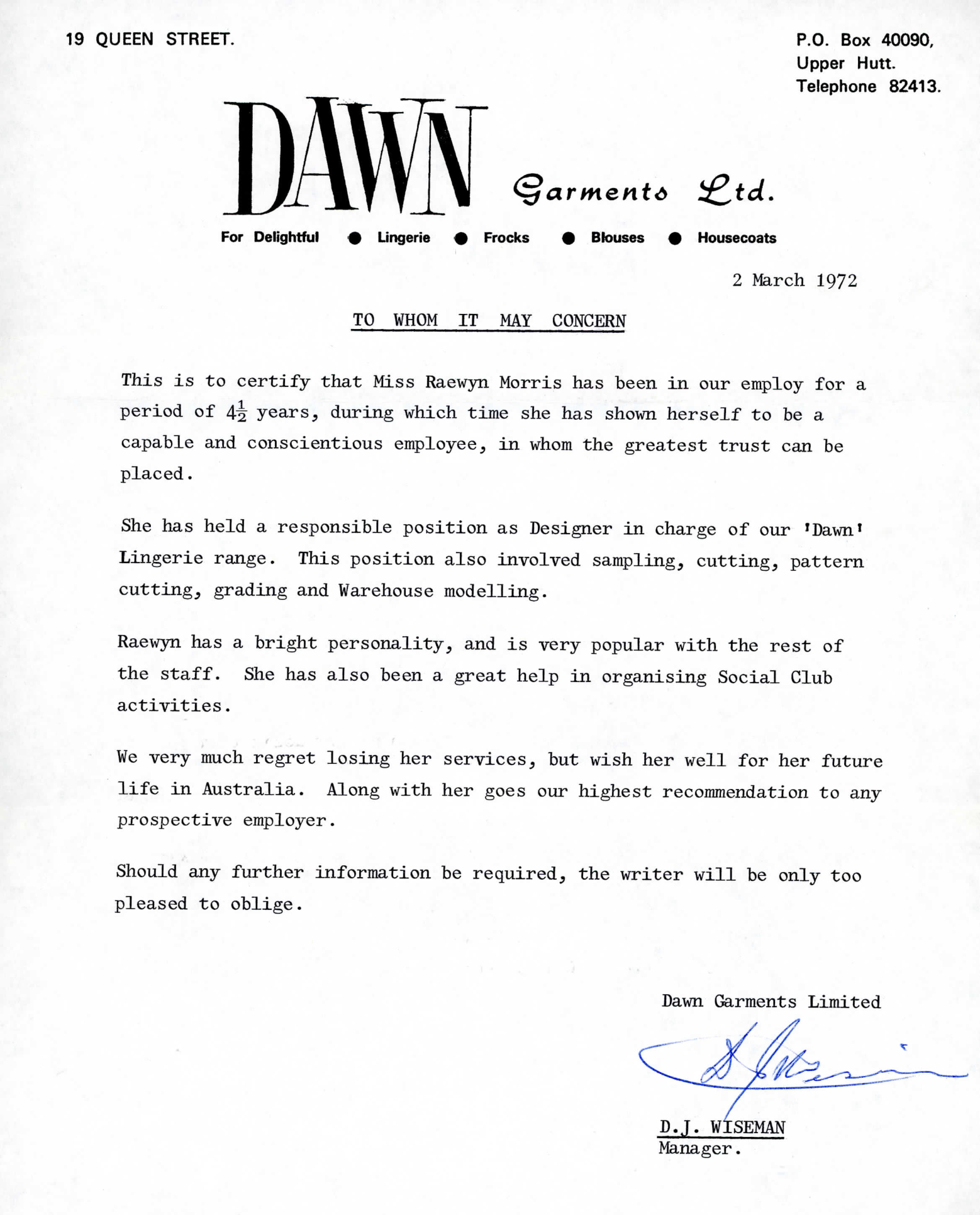 Dawn Garments; Reference Letter for Raewyn Heath; 1972
