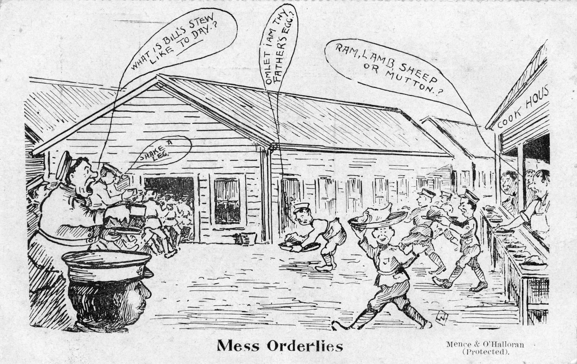 Army cartoon postcards, World War 1; &lsquo;Mess orderlies'.