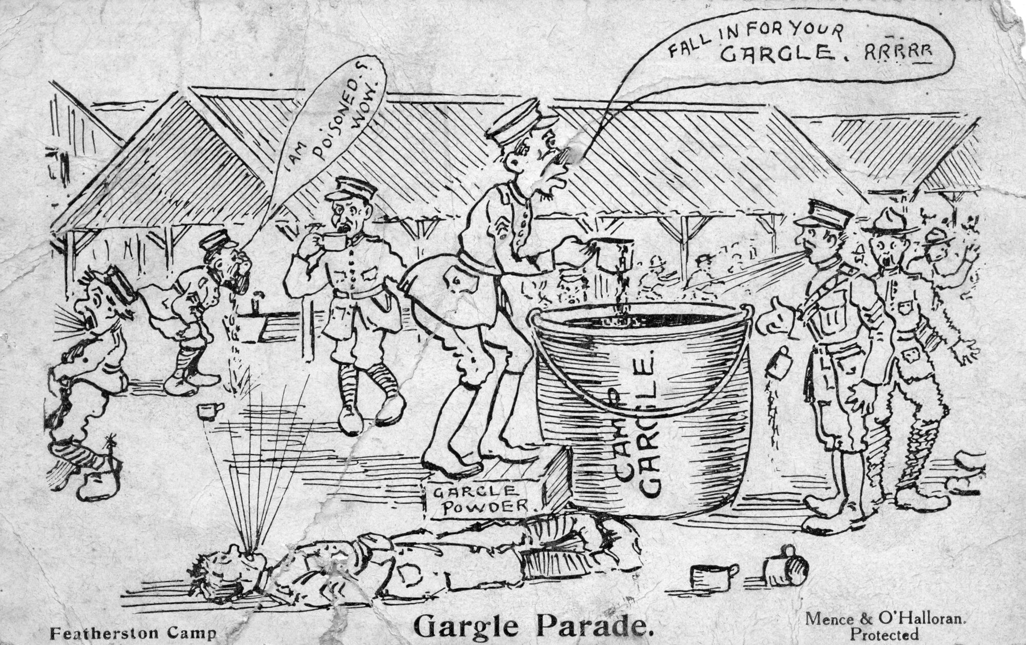 Army cartoon postcards, World War 1; &lsquo;Gargle Parade'. 