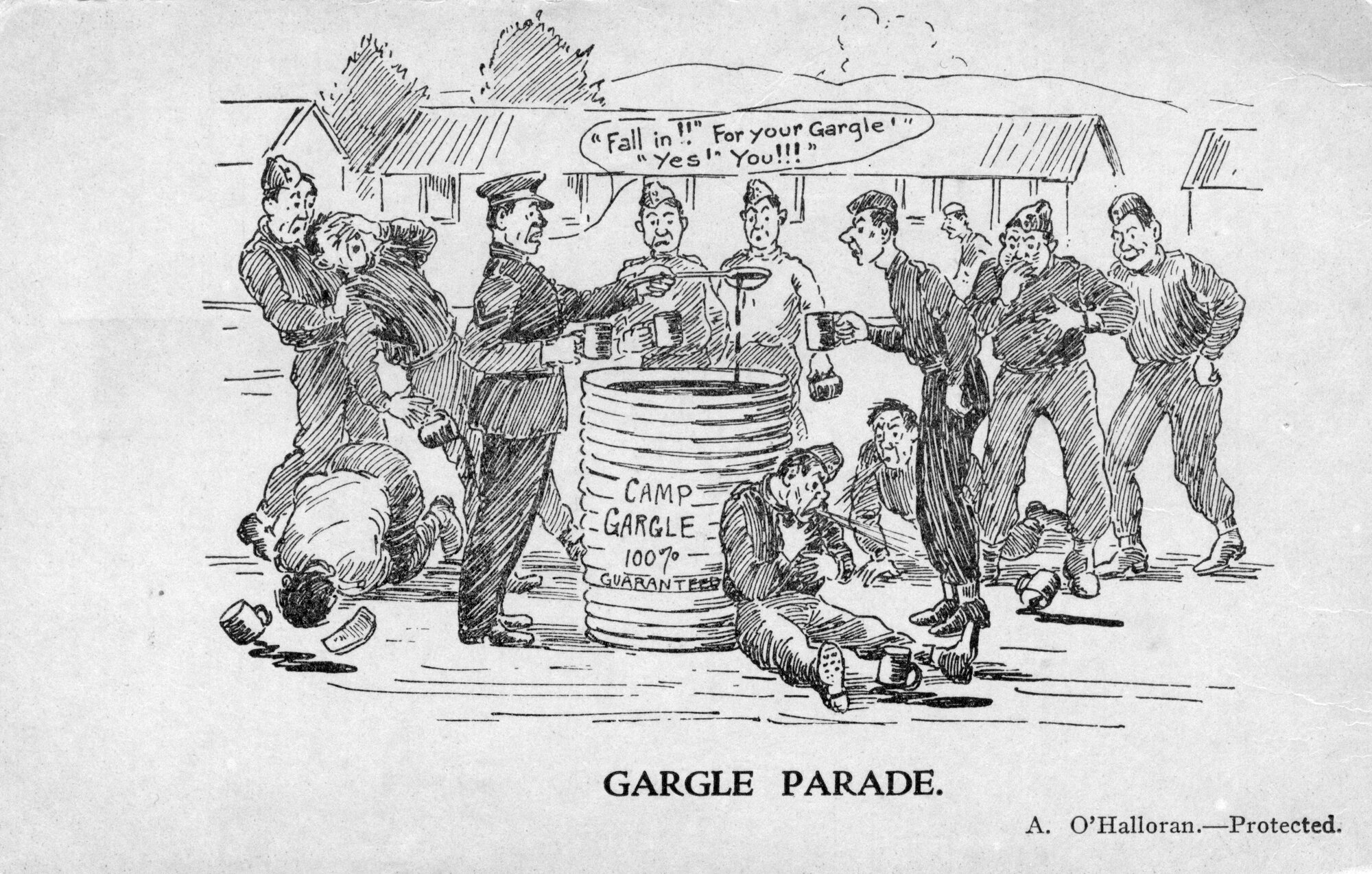 Army cartoon postcards, World War 1; &lsquo;Gargle parade'.