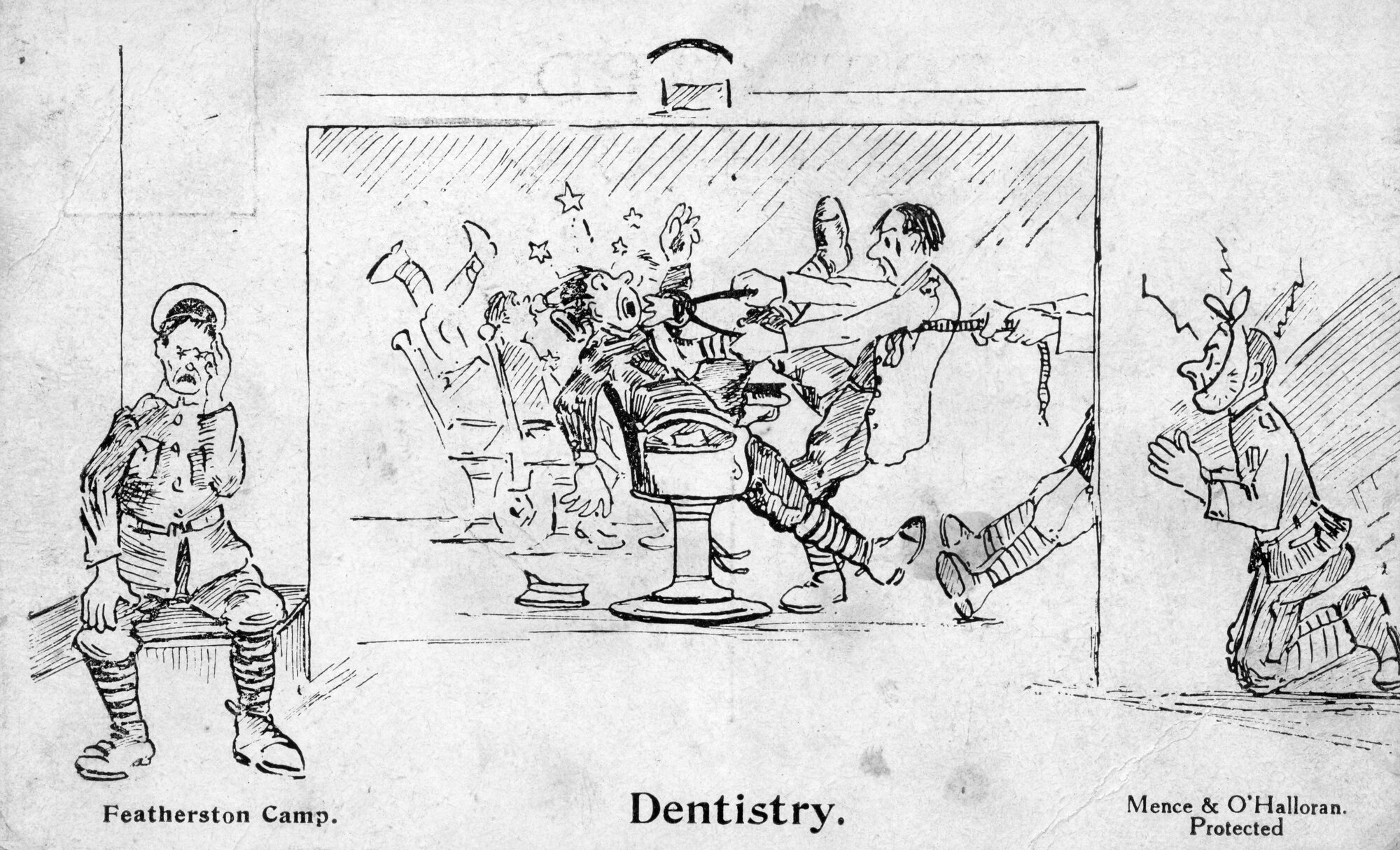Army cartoon postcards, World War 1; &lsquo;Dentistry'.