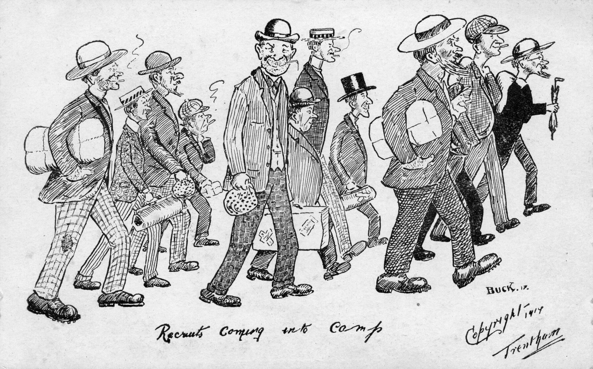 Army cartoon postcards, World War 1; 'Recruits coming into camp'.