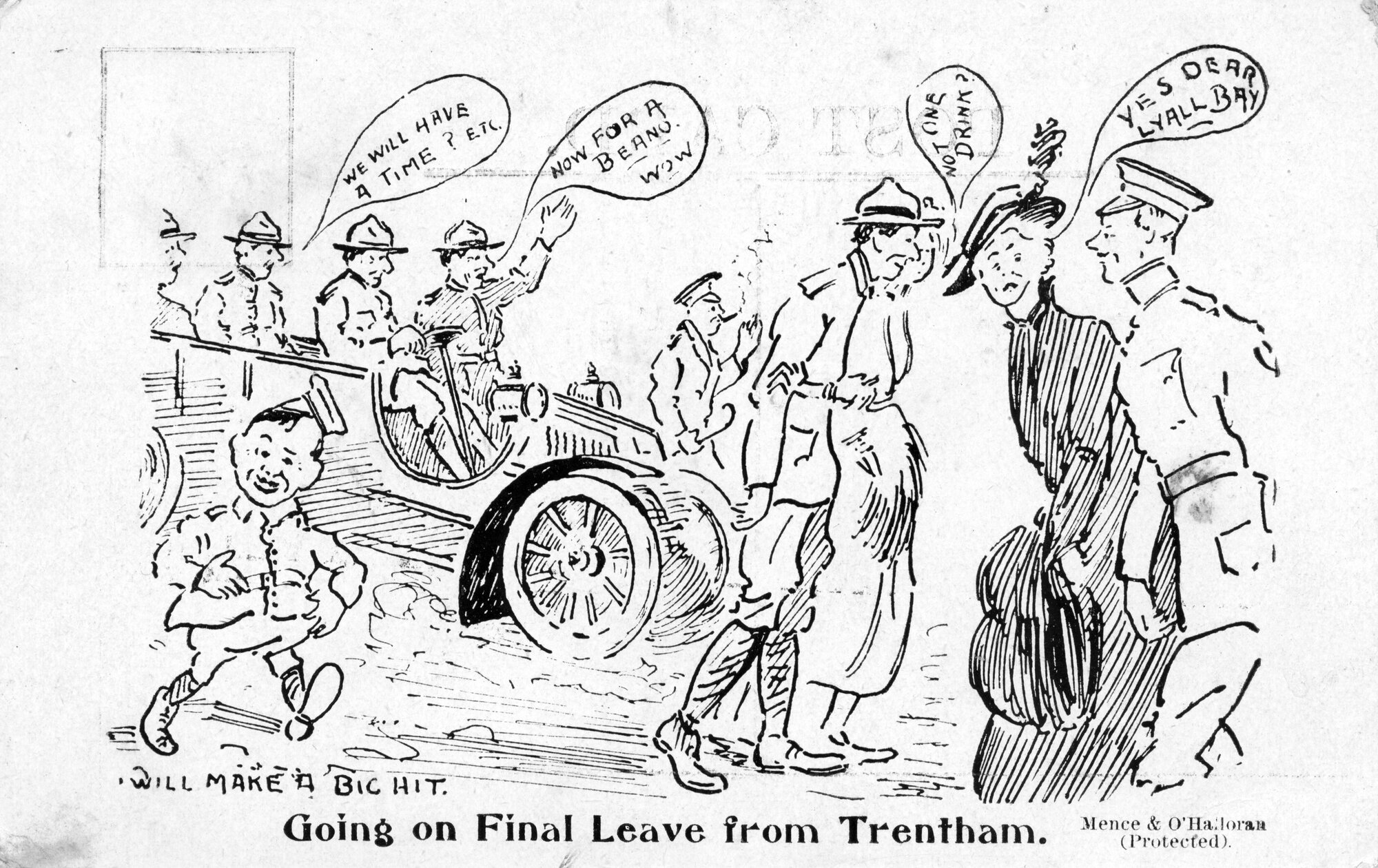 Army cartoon postcards, World War 1; &lsquo;Going on final leave from Trentham'.