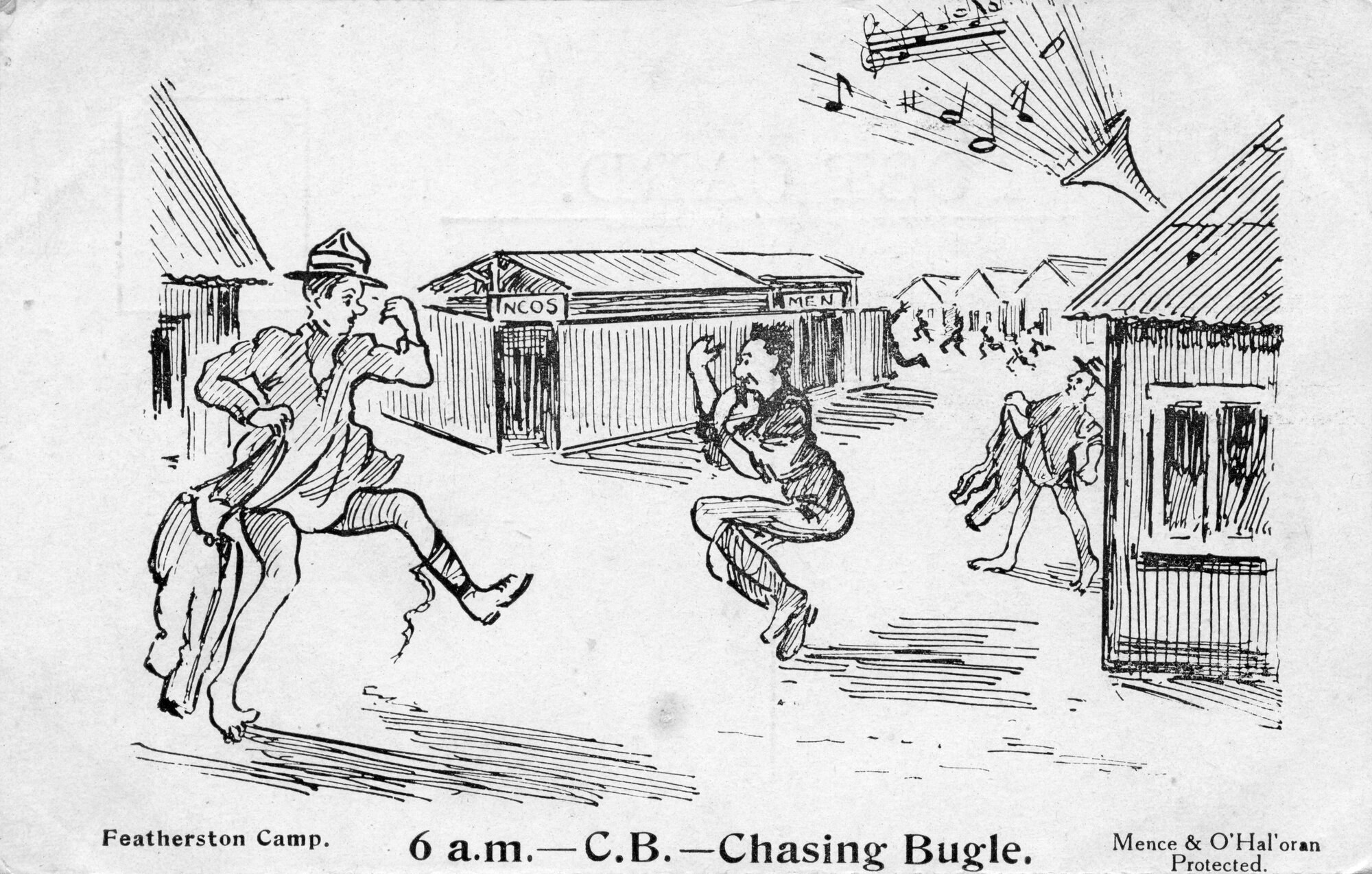 Army cartoon postcards, World War 1; &lsquo;6 a.m. - C. B. - chasing bugle'.