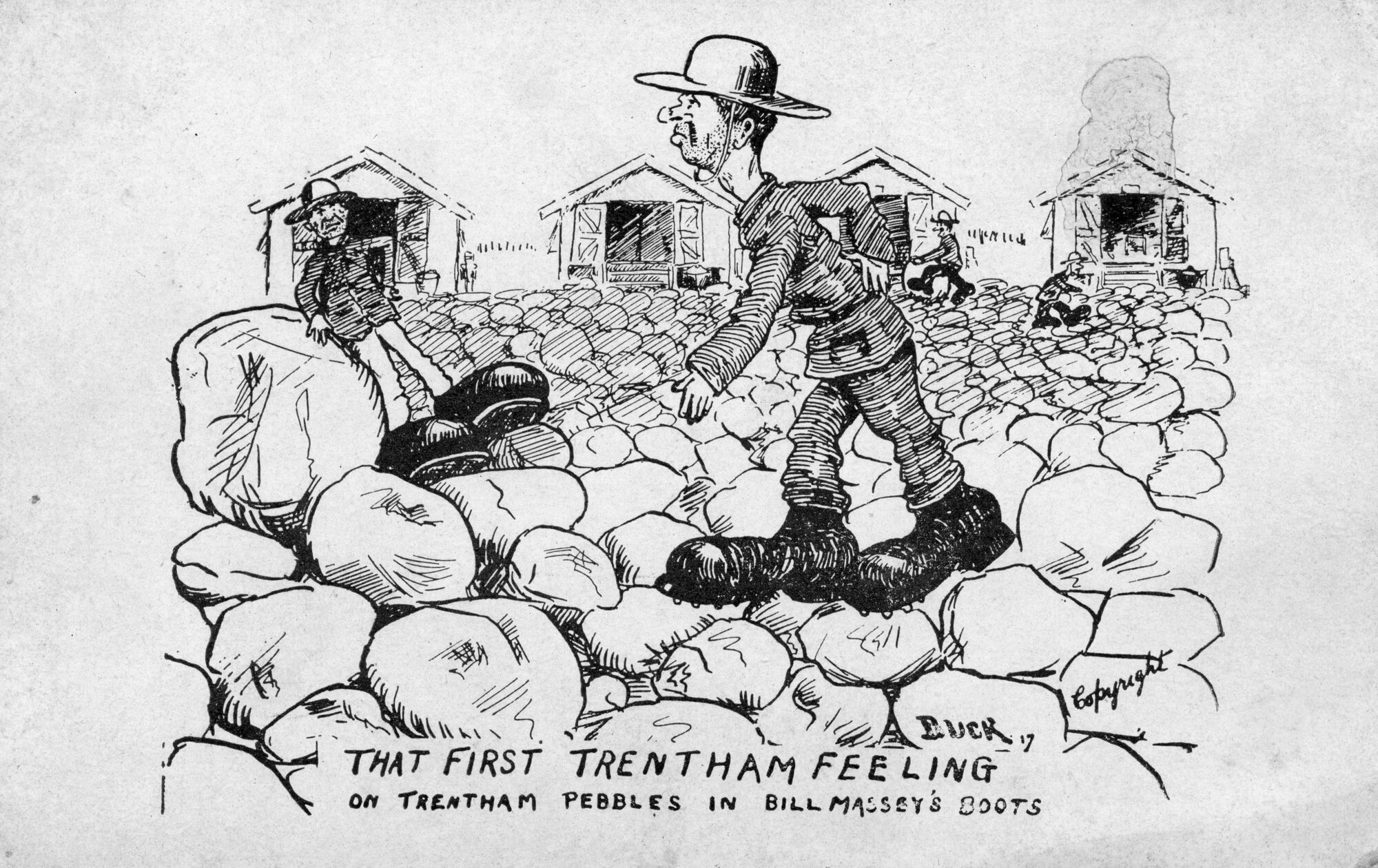 Army cartoon postcards, World War 1; 'On Trentham pebbles in Bill Massey's boots'.