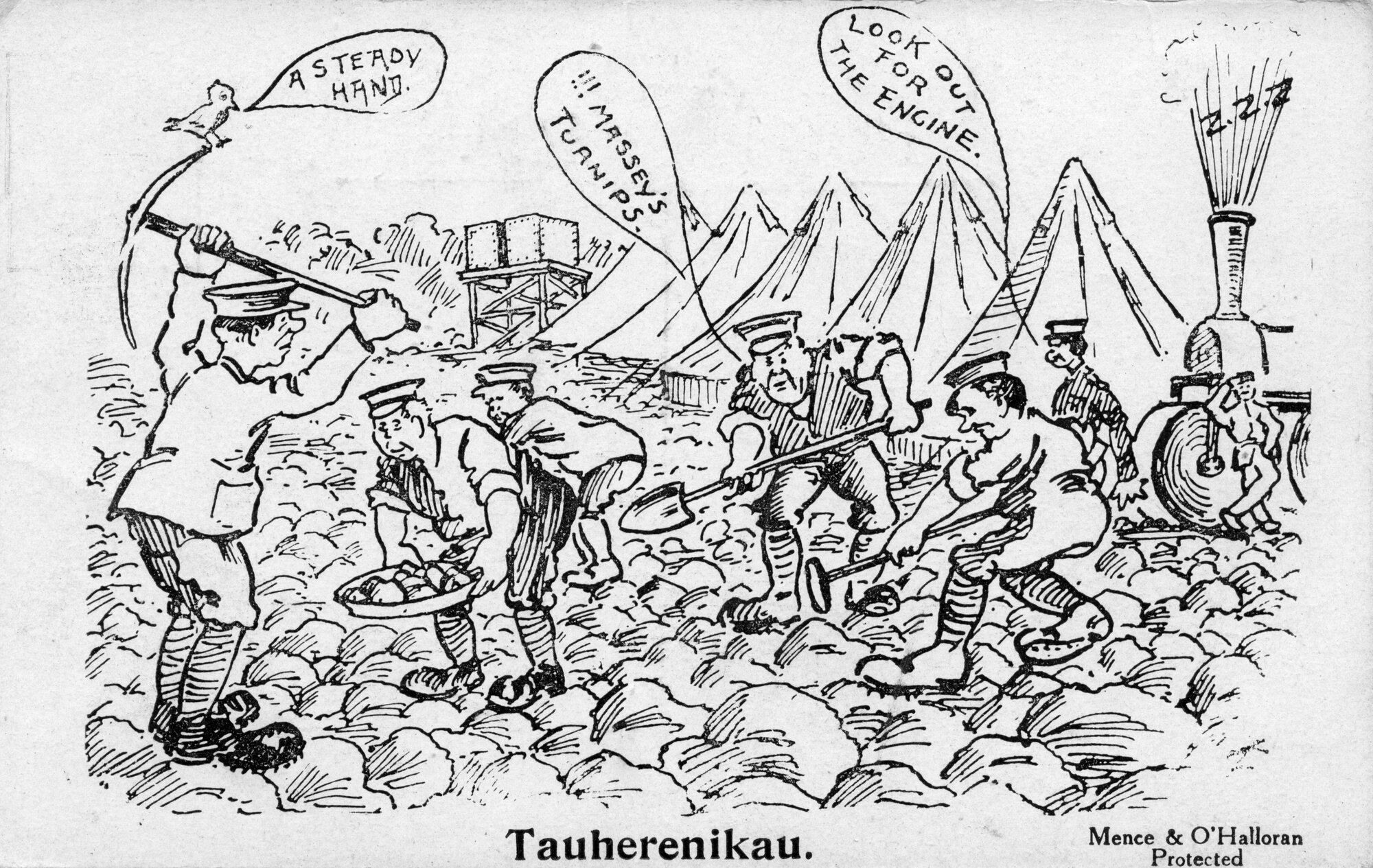 Army cartoon postcards, World War 1; &lsquo;Tauherenikau'.